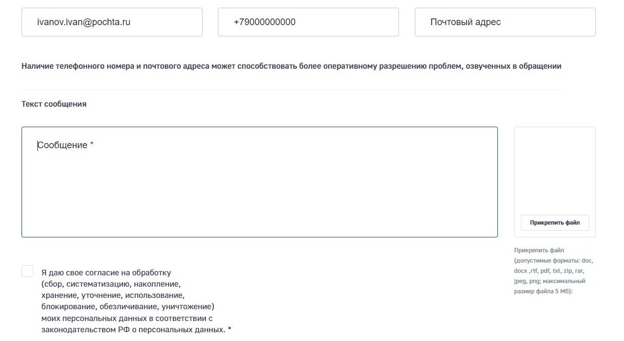 Screenshot of: В поле для письма введите Ваш текст обращения.
