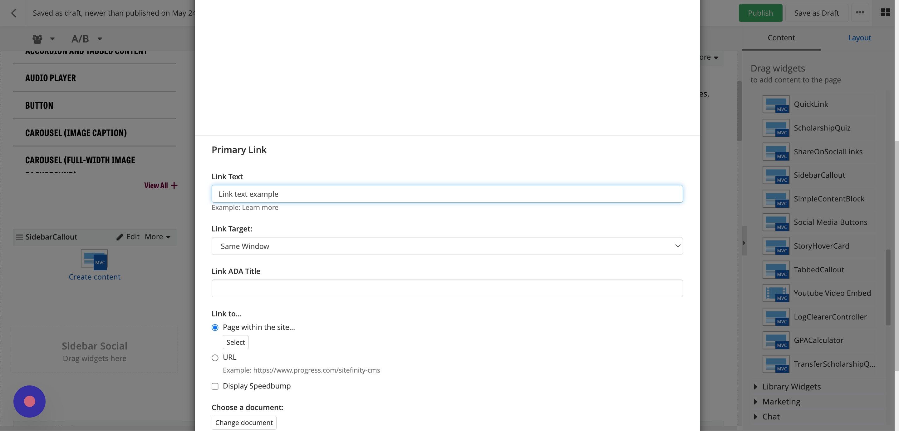 Screenshot of: Link Target: Select your option based on criteria.
                 a. Same Window: for internal CMU pages.
                 b. New Window: for external pages not within cmich.edu.