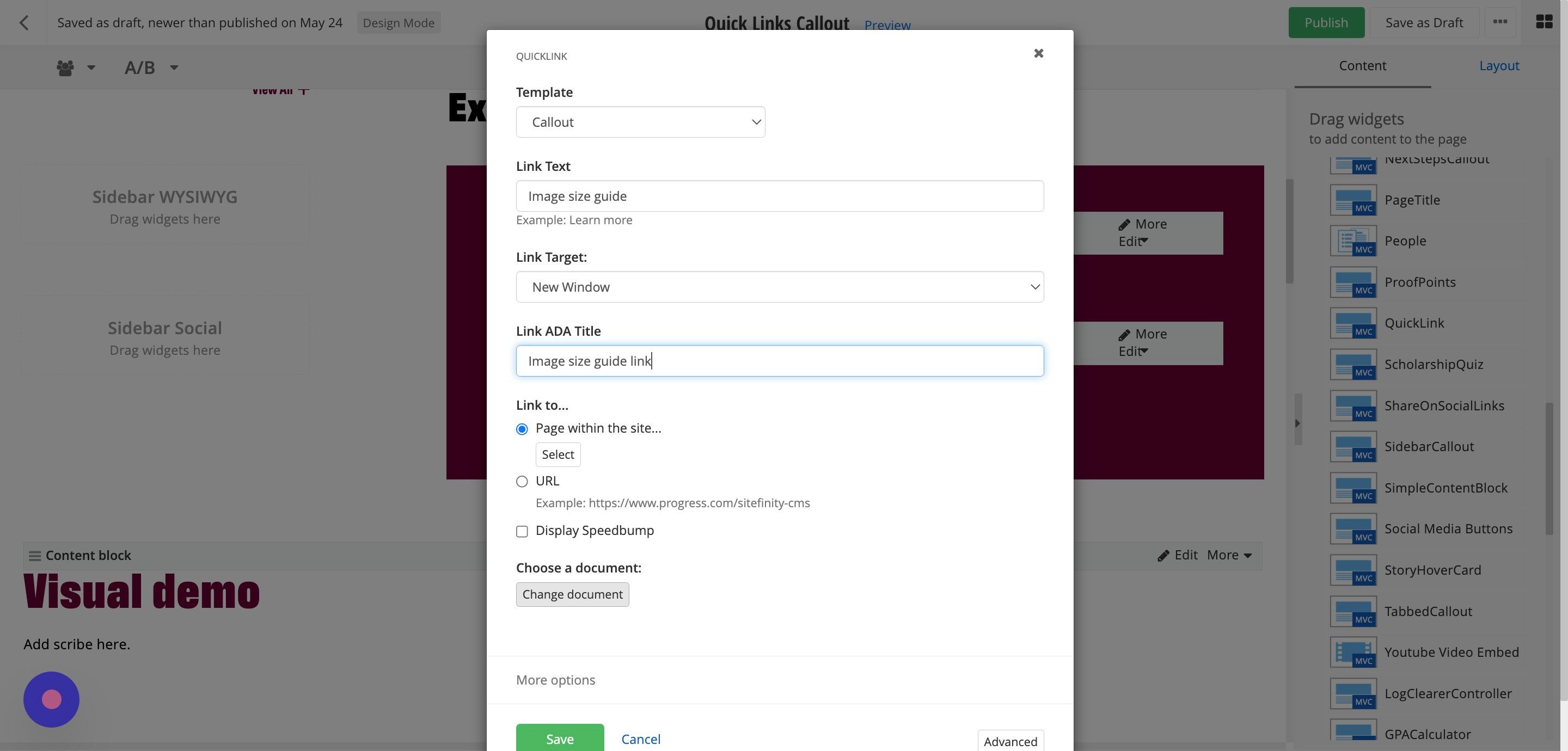 Screenshot of: To link to a document:
-Repeat steps 9-14. 
-Click the Change document button.