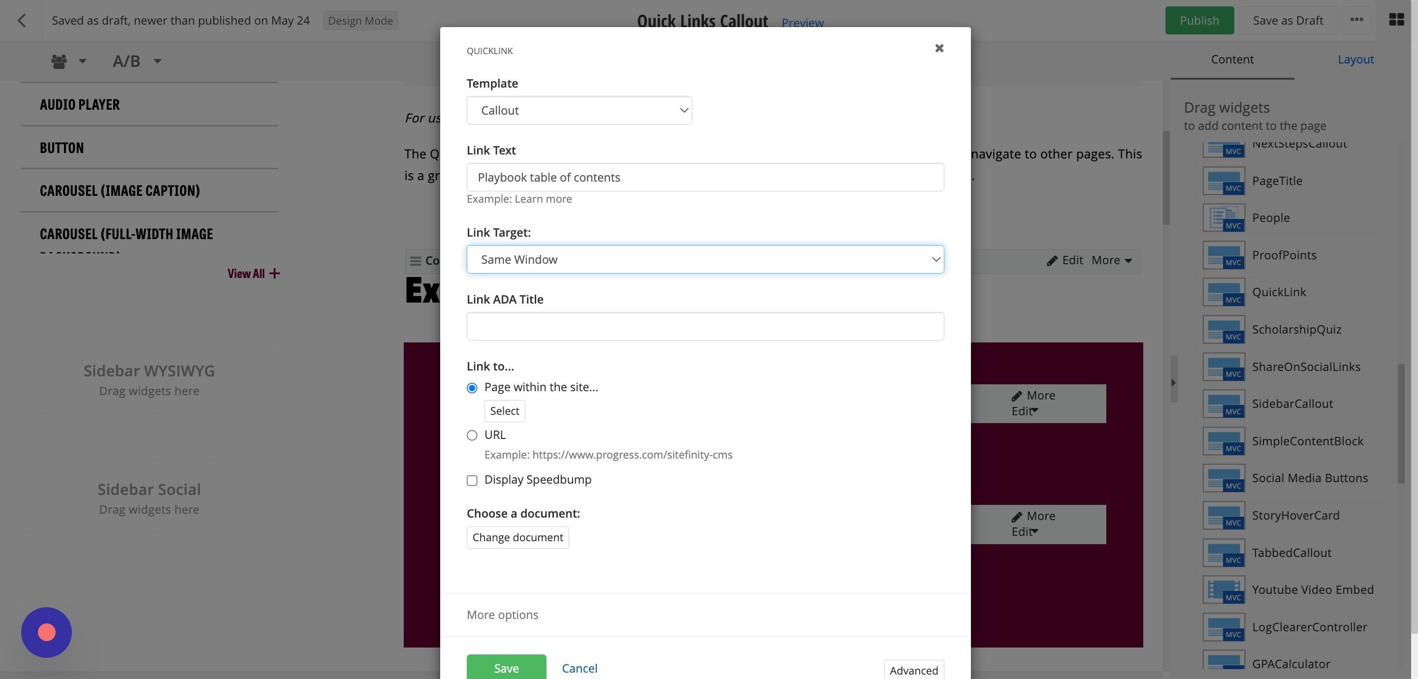 Screenshot of: Add the alternative text for the link in the Link ADA Title field.