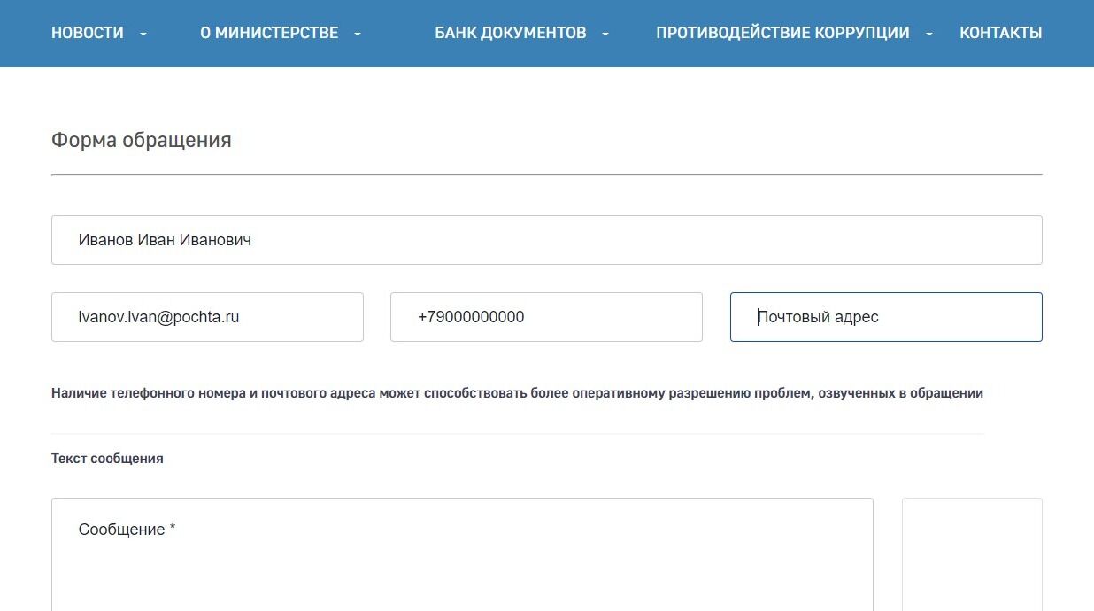 Screenshot of: Если необходимо получить бумажную копию ответа, укажите Ваш почтовый адрес. 