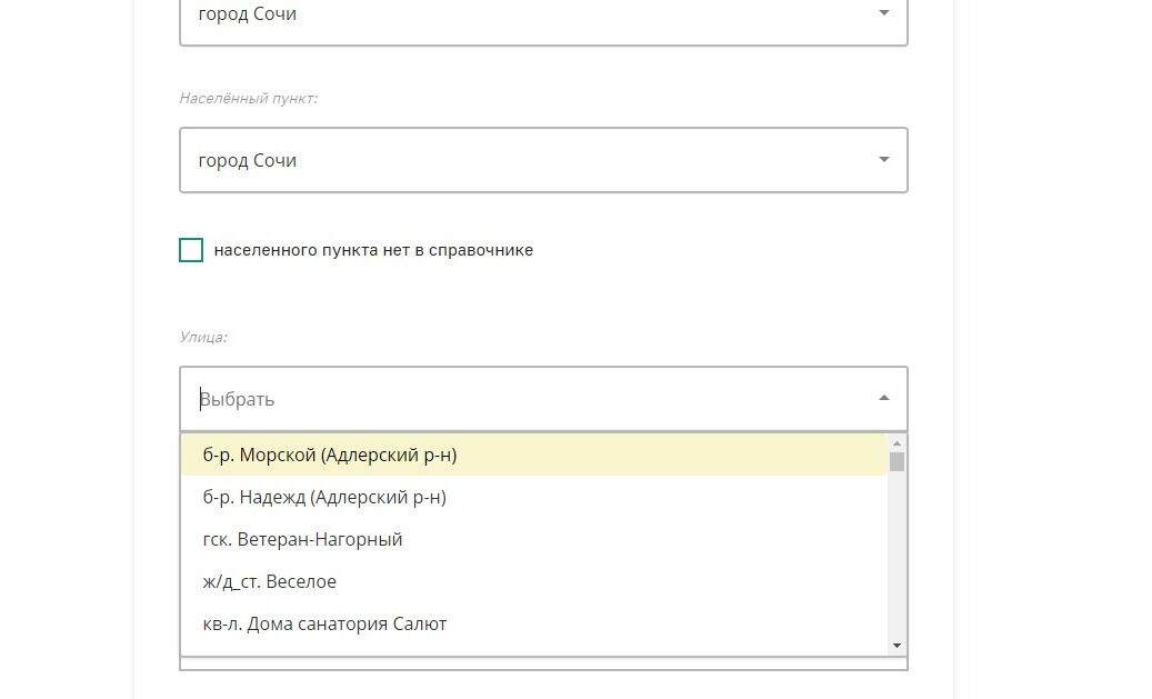 Screenshot of: Выберите улицу из списка.