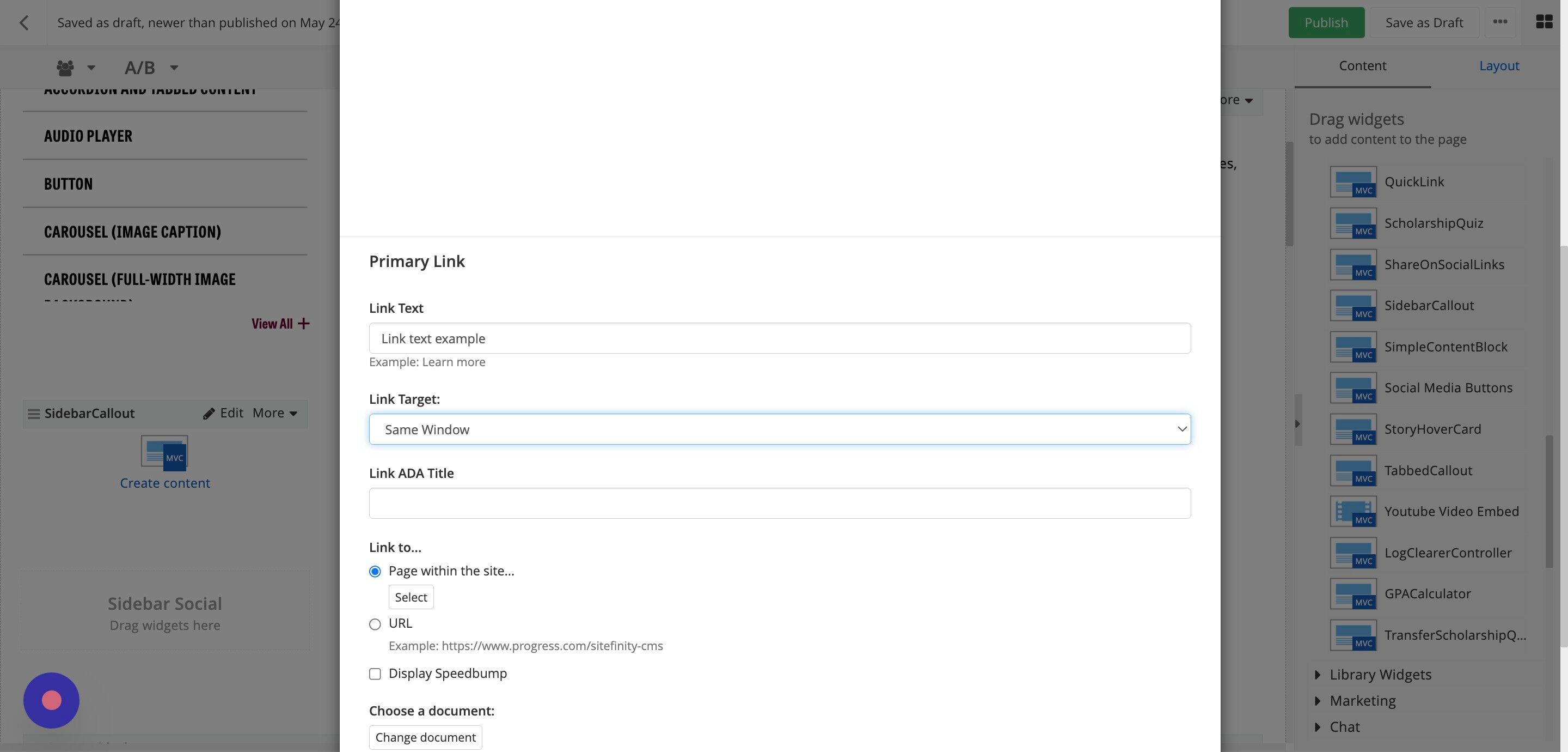 Screenshot of: In the Link ADA Title field, add the ADA text description of the link.