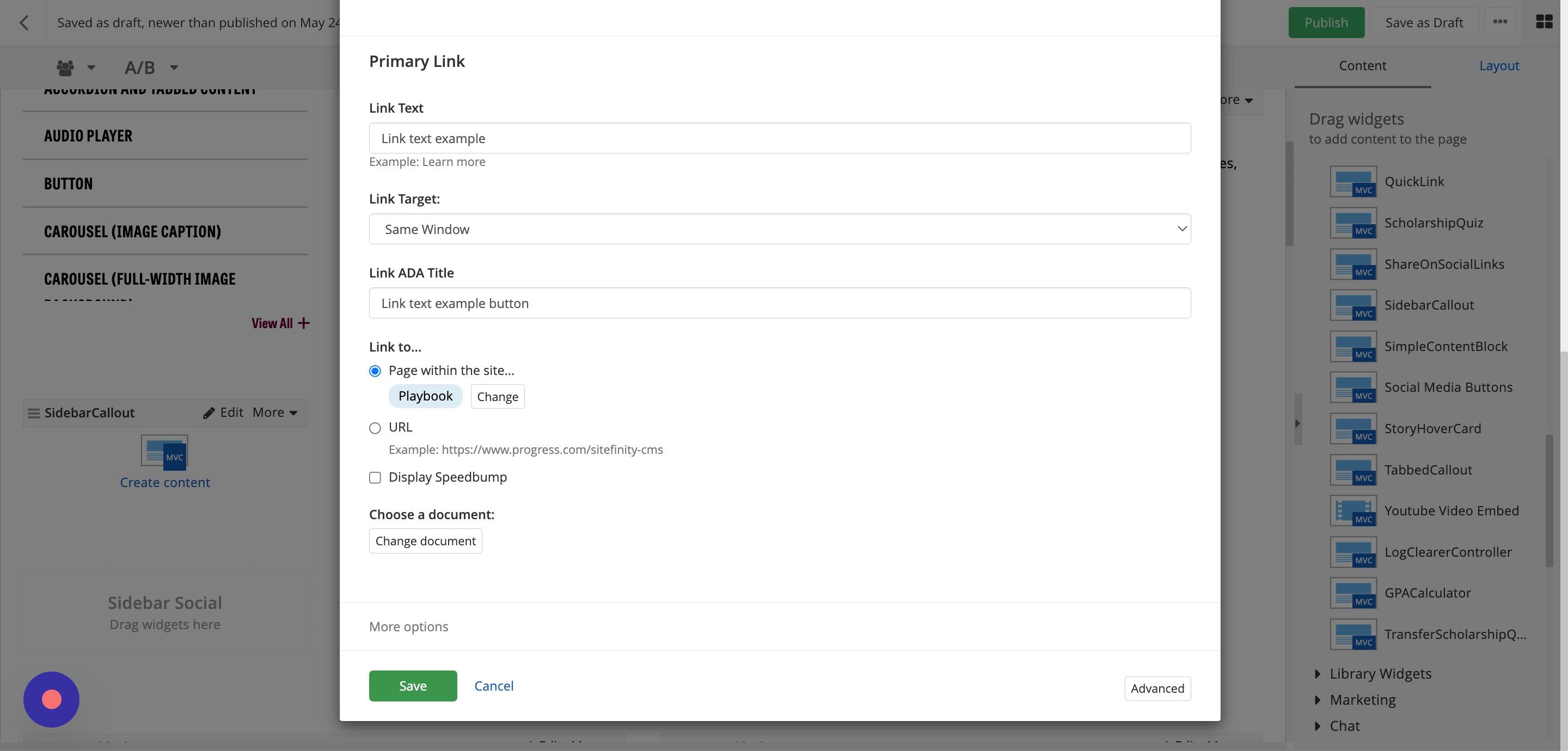 Screenshot of: Once you've completed adding your content to the Sidebar Callout widget, click Save.