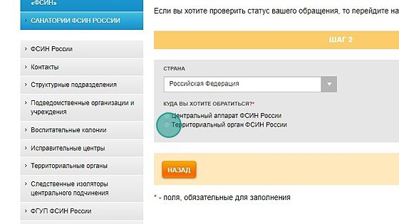 Screenshot of: Выберите пункт "Территориальный орган ФСИН России".