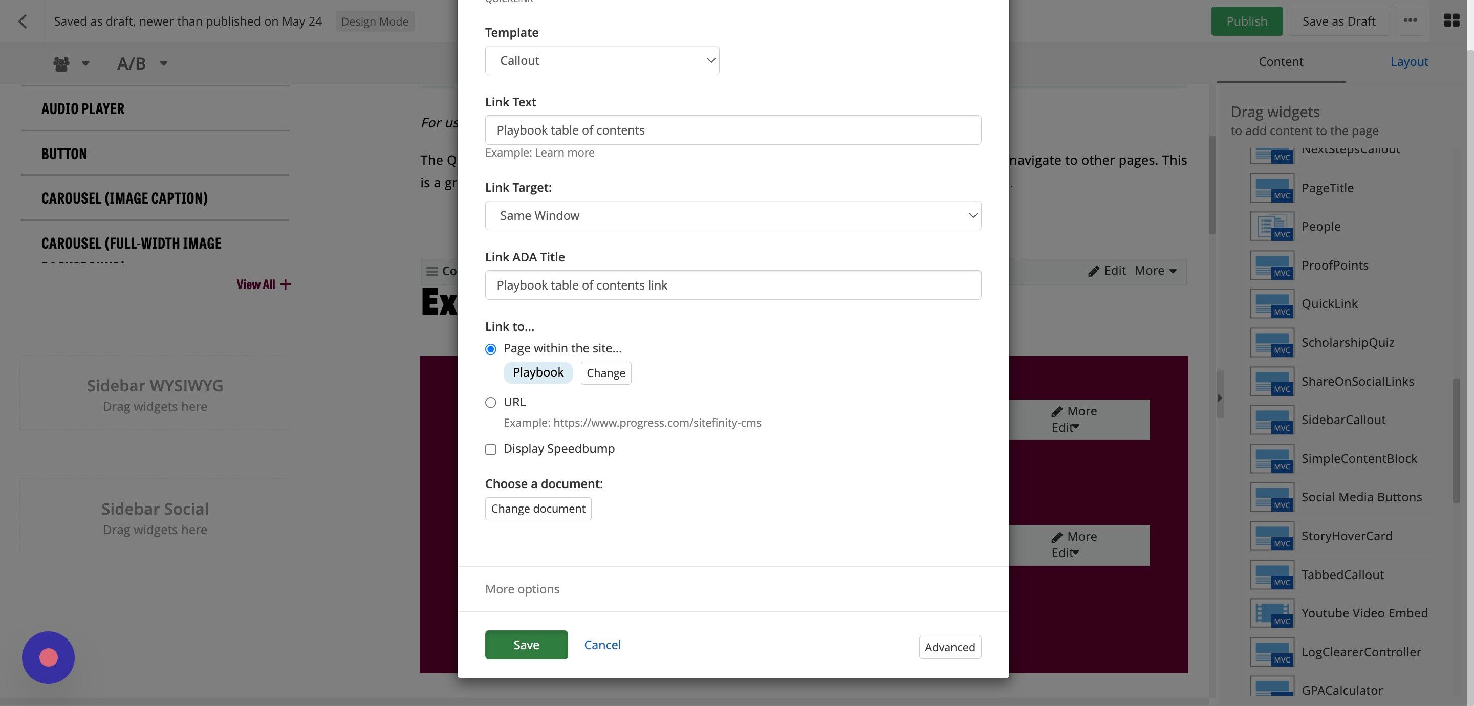 Screenshot of: Click Save. Your first Quick Link Callout is complete.