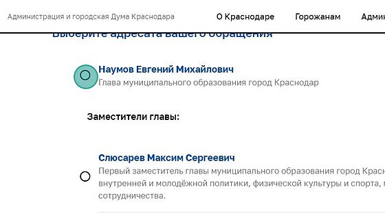 Screenshot of: Например, главе муниципального образования города Краснодар. 