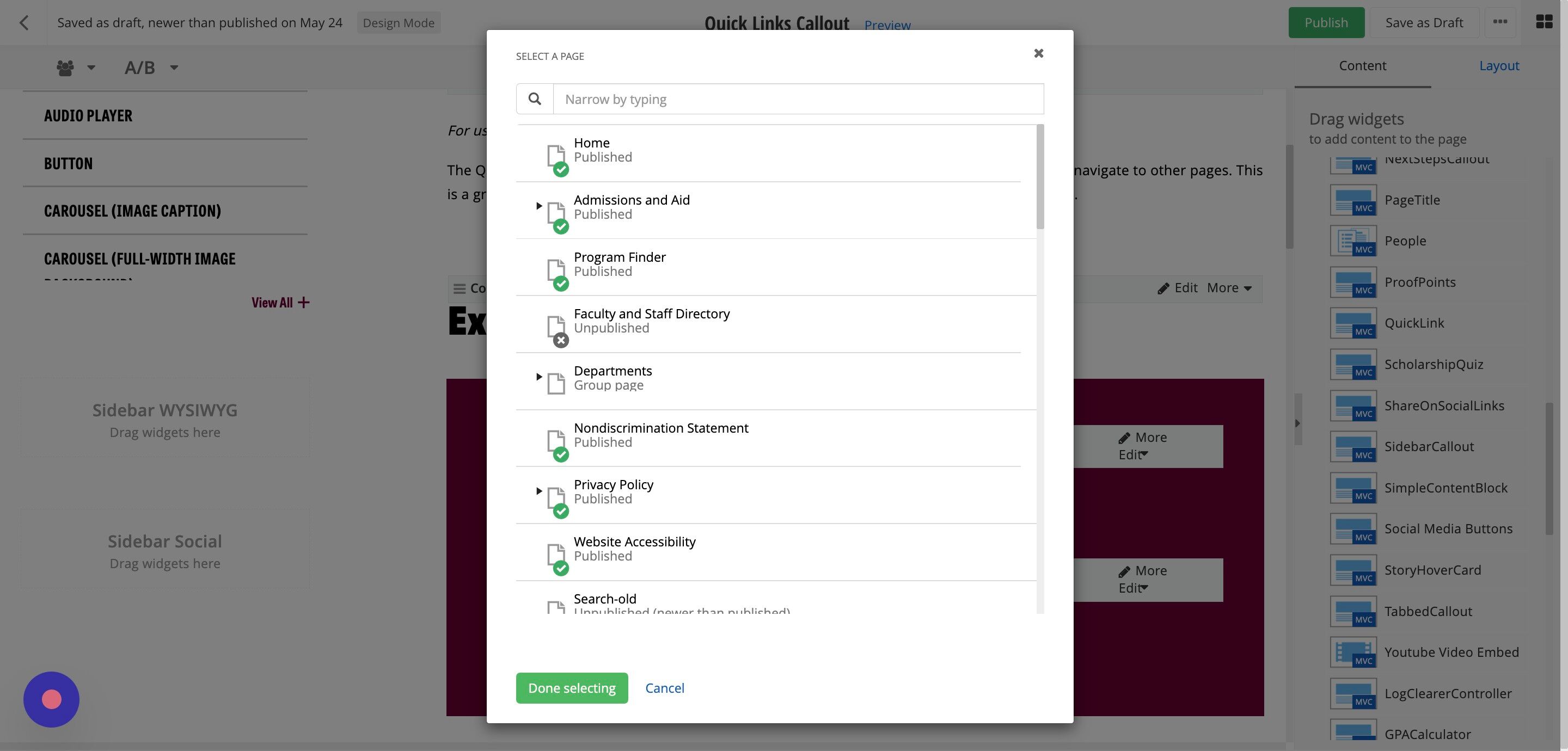 Screenshot of: Locate the page you want to link to and select it.