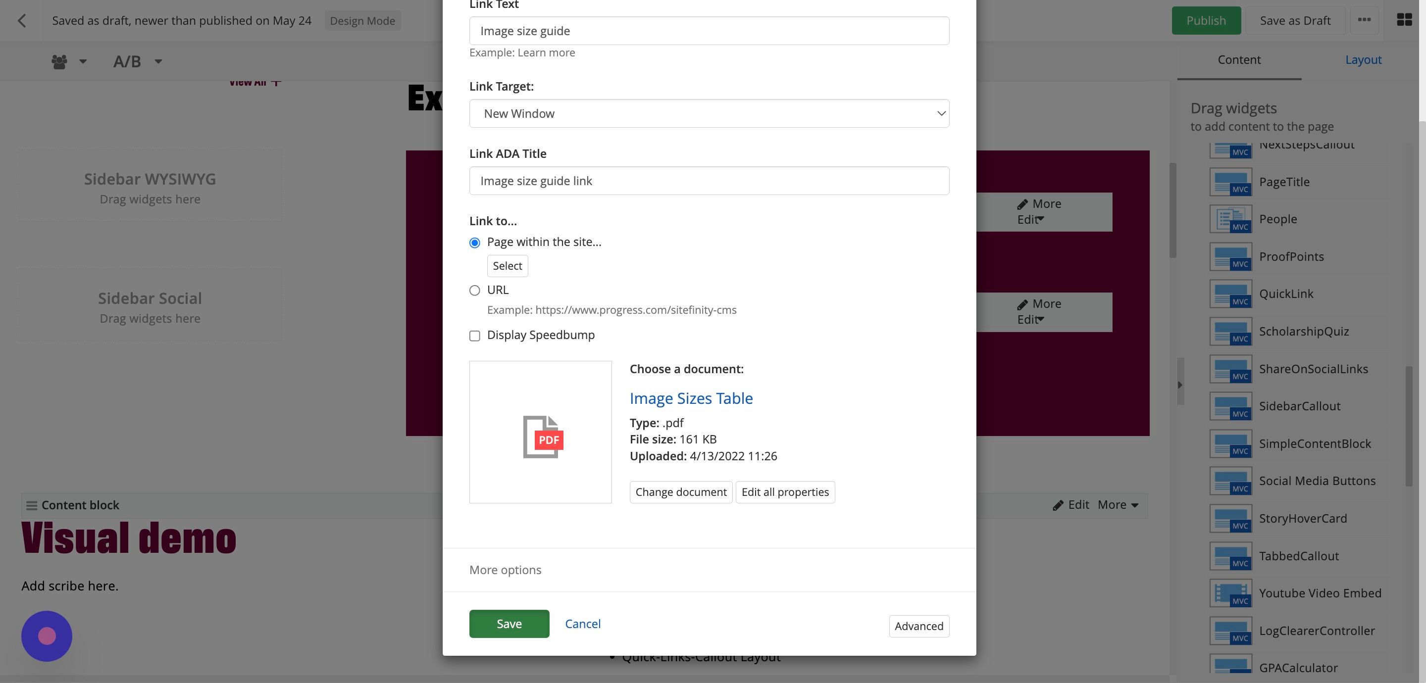 Screenshot of: Click Save. You've created a Quick Links Callout linking to a document.