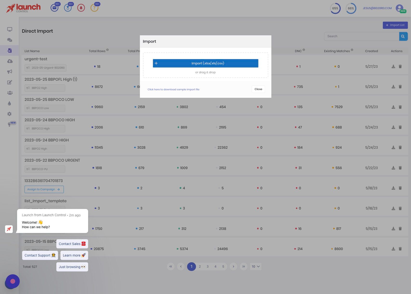 Screenshot of: Click "Import (.xlsx/.xls/.csv)"