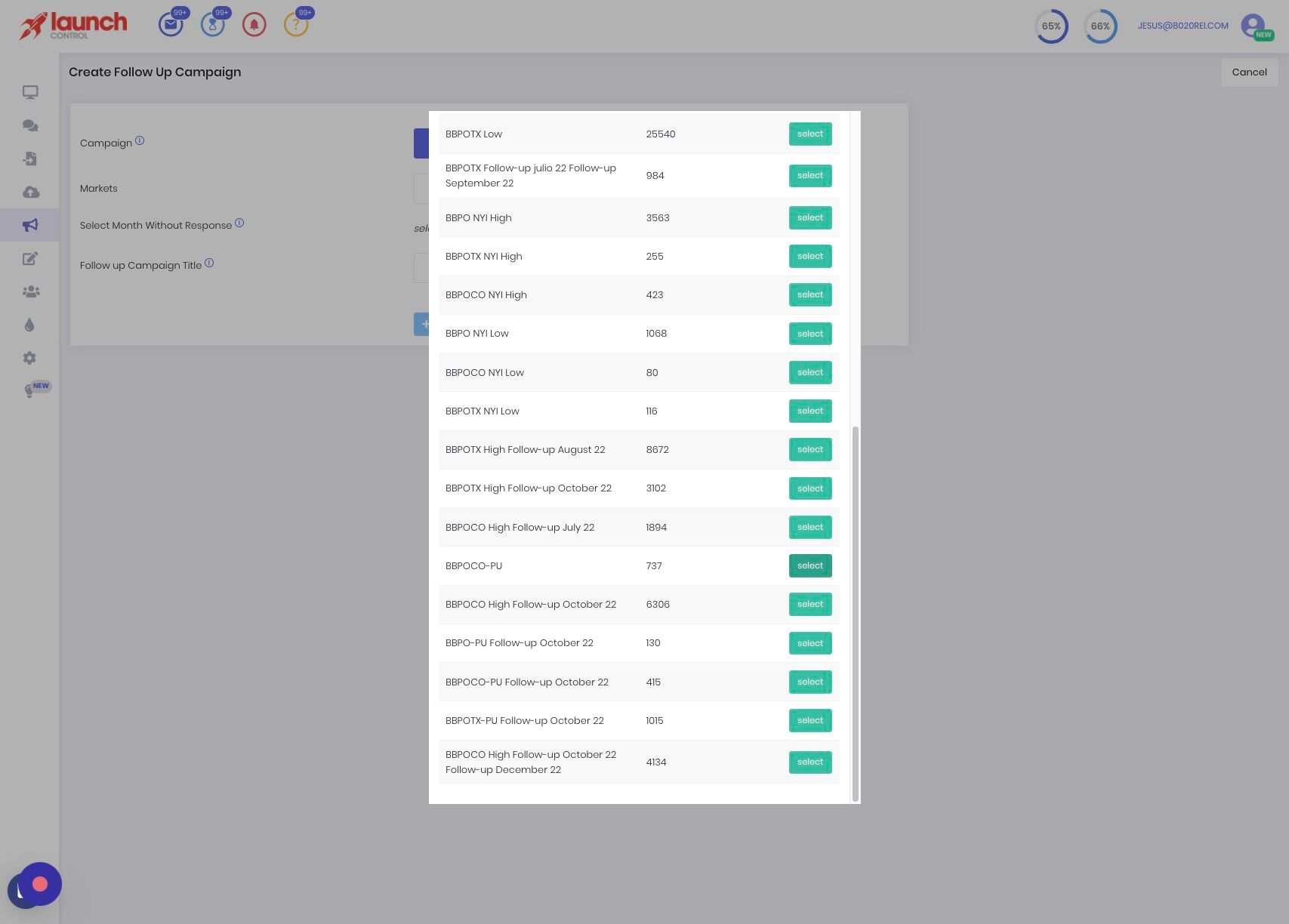 Screenshot of: Select the campaign you want to do the follow-up