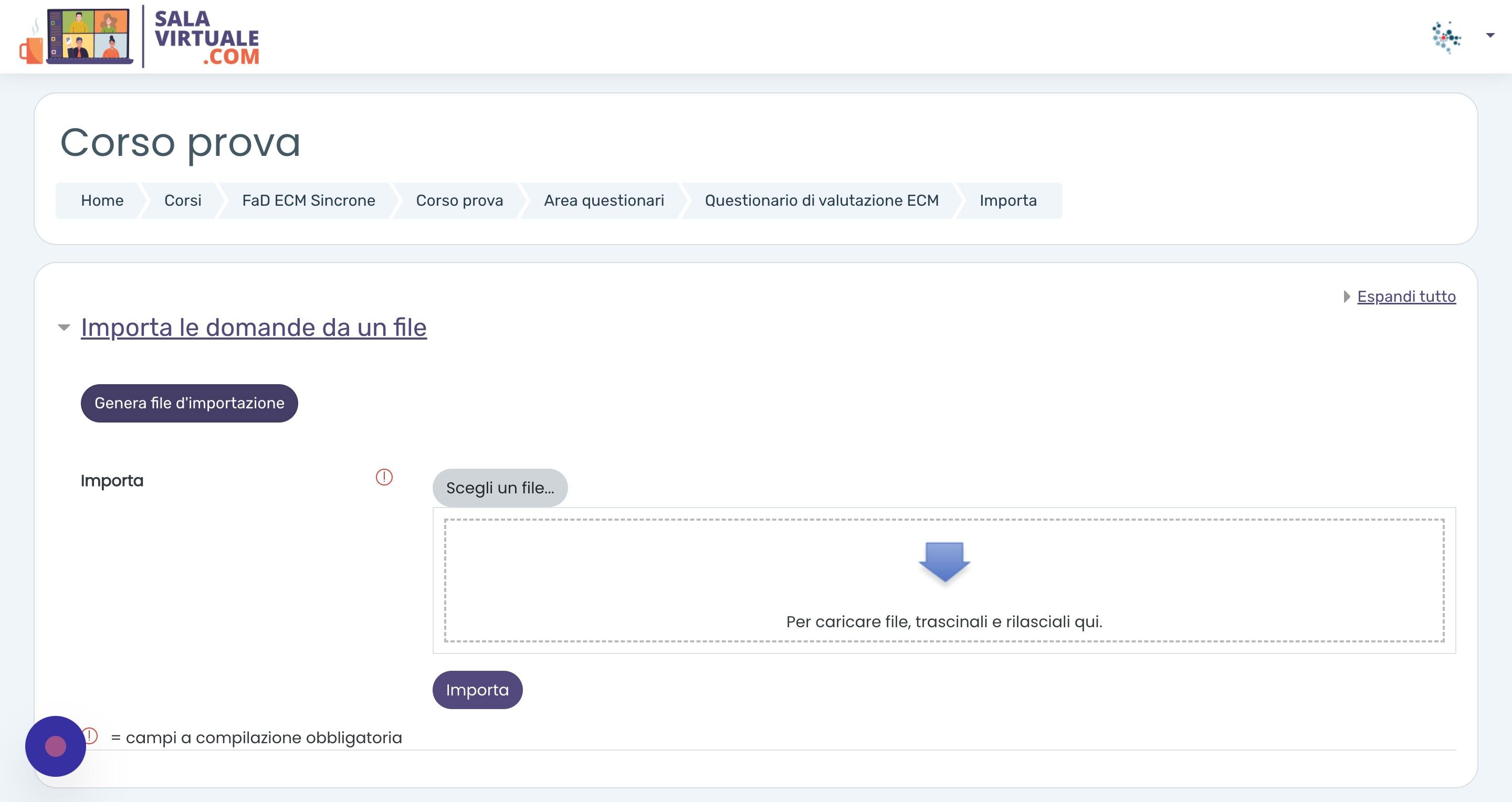 Screenshot of: Cliccare "Genera file d'importazione"