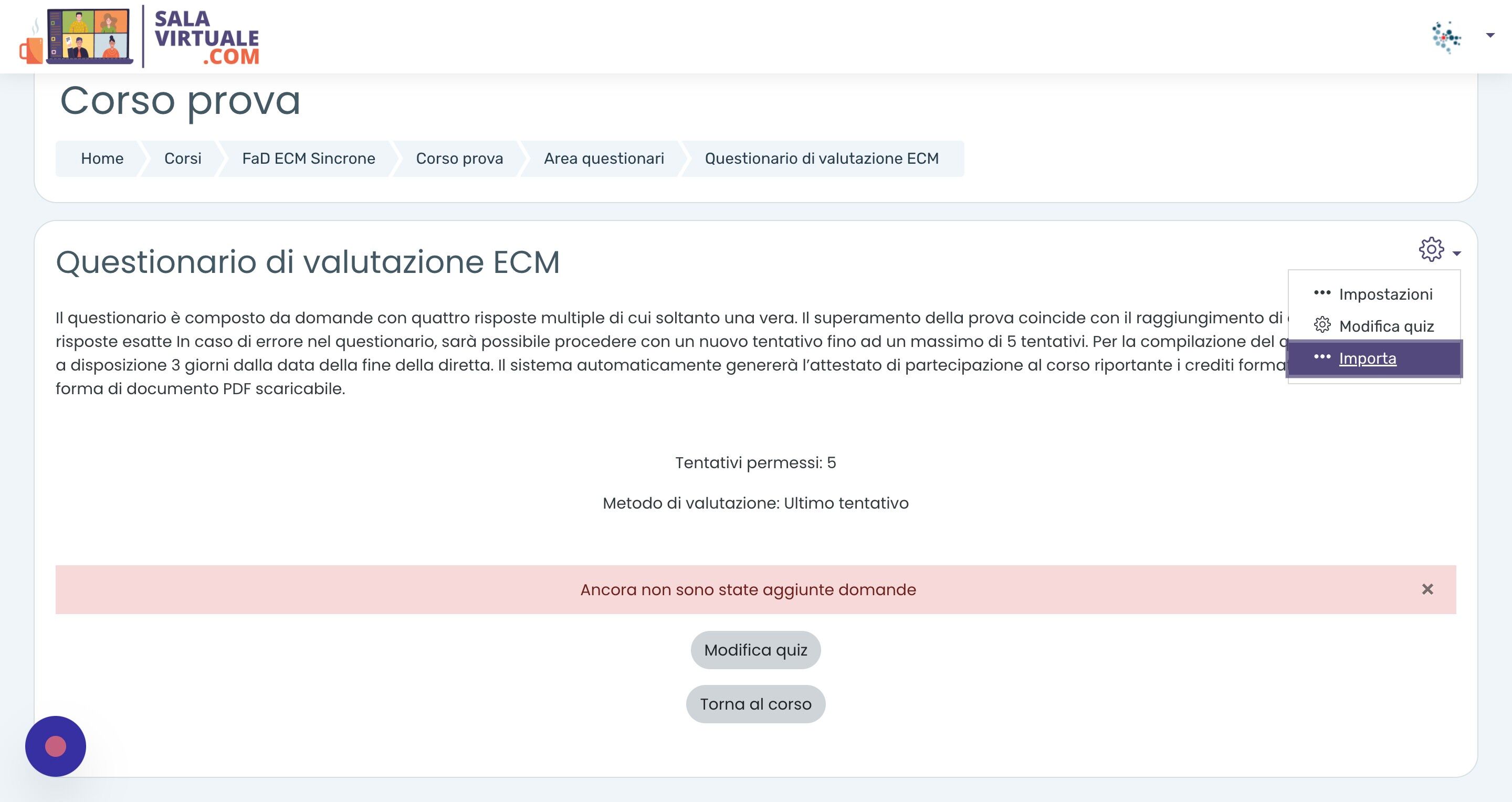 Screenshot of: E cliccare la voce "Importa"