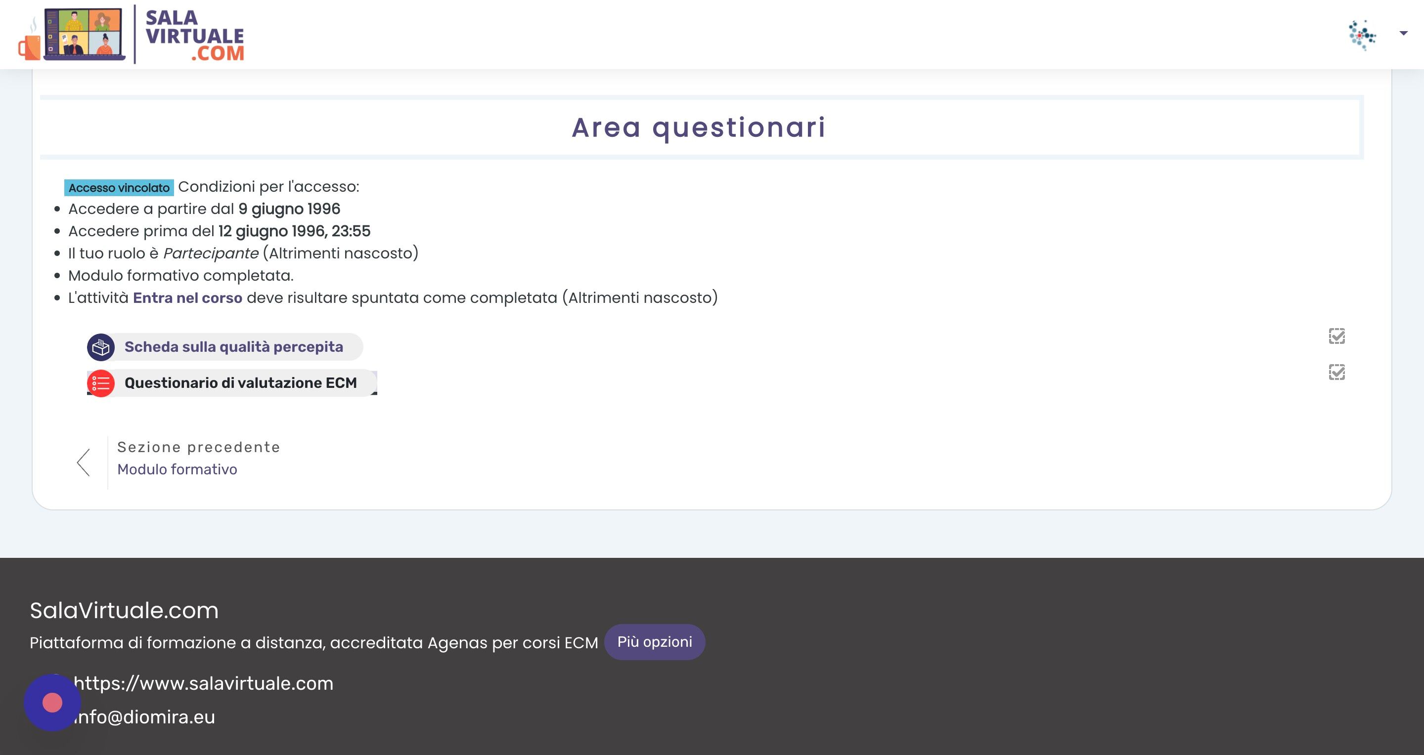 Screenshot of: E selezioniamo "Questionario di valutazione ECM"