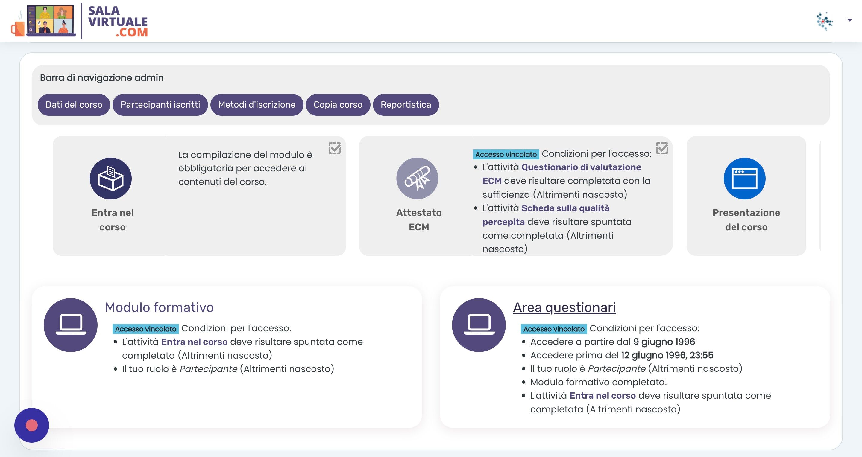Screenshot of: Per caricare il questionario ECM, iniziamo entrando nell'Area questionari