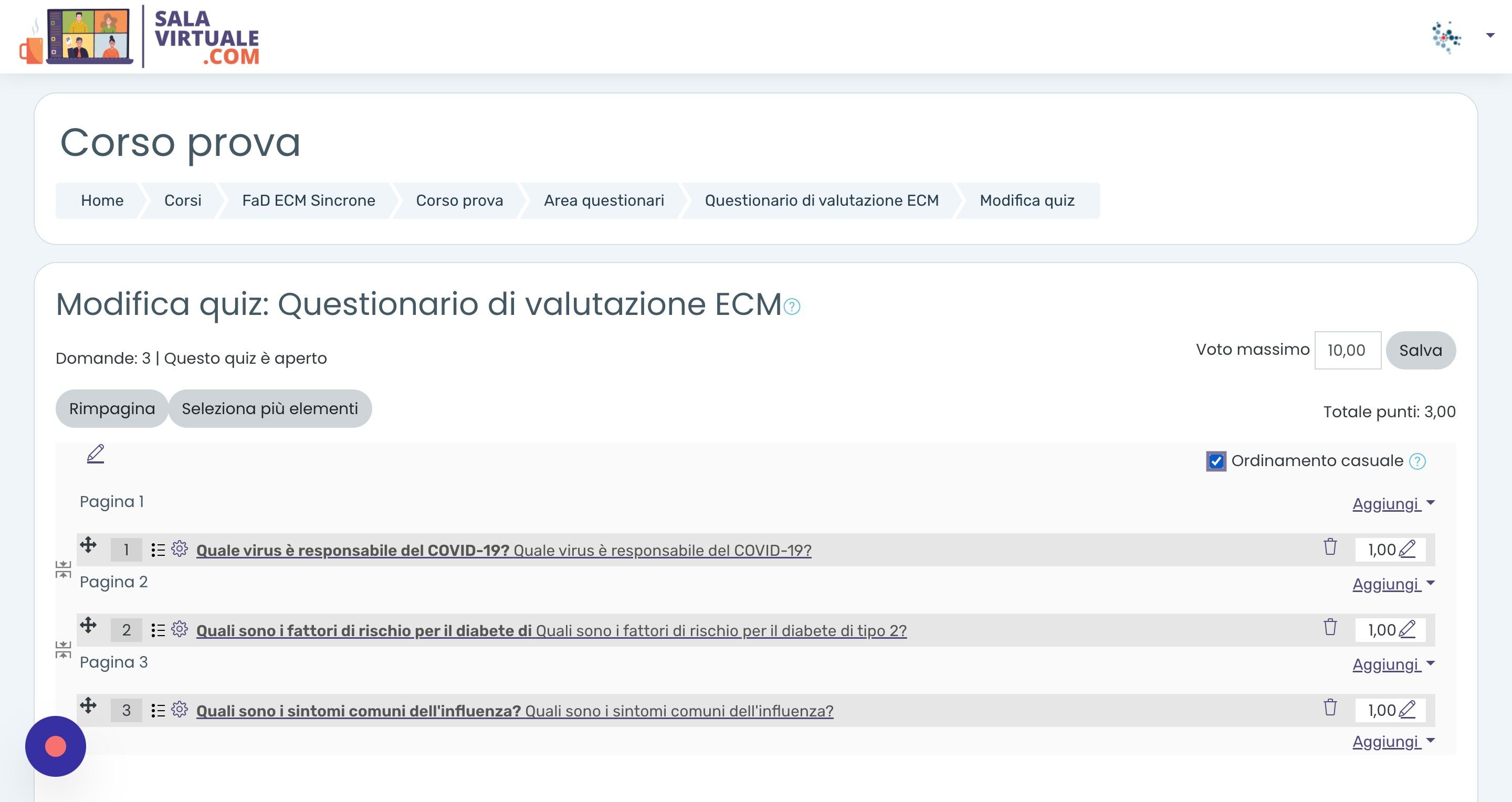 Screenshot of: Spuntare "Ordinamento casuale". Il questionario &egrave; stato caricato correttamente