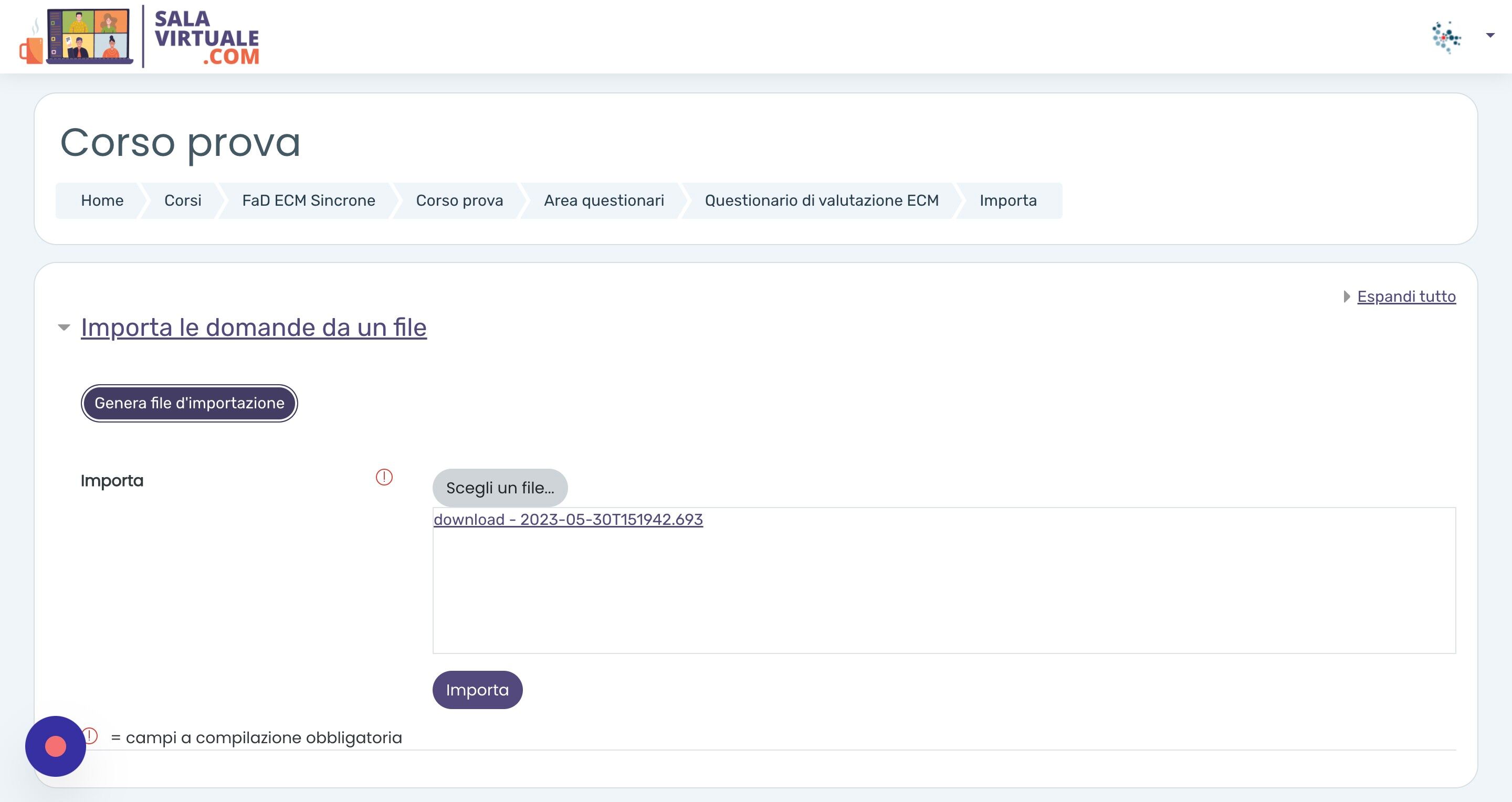 Screenshot of: Tornare alla pagina precedente e trascinare il file appena creato nel riquadro e cliccare "Importa"