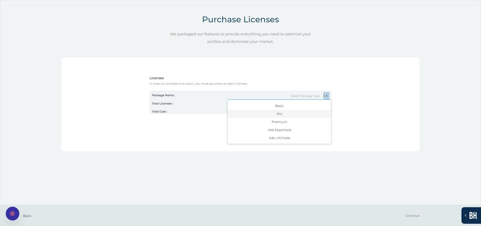 Screenshot of: Click "Pro"