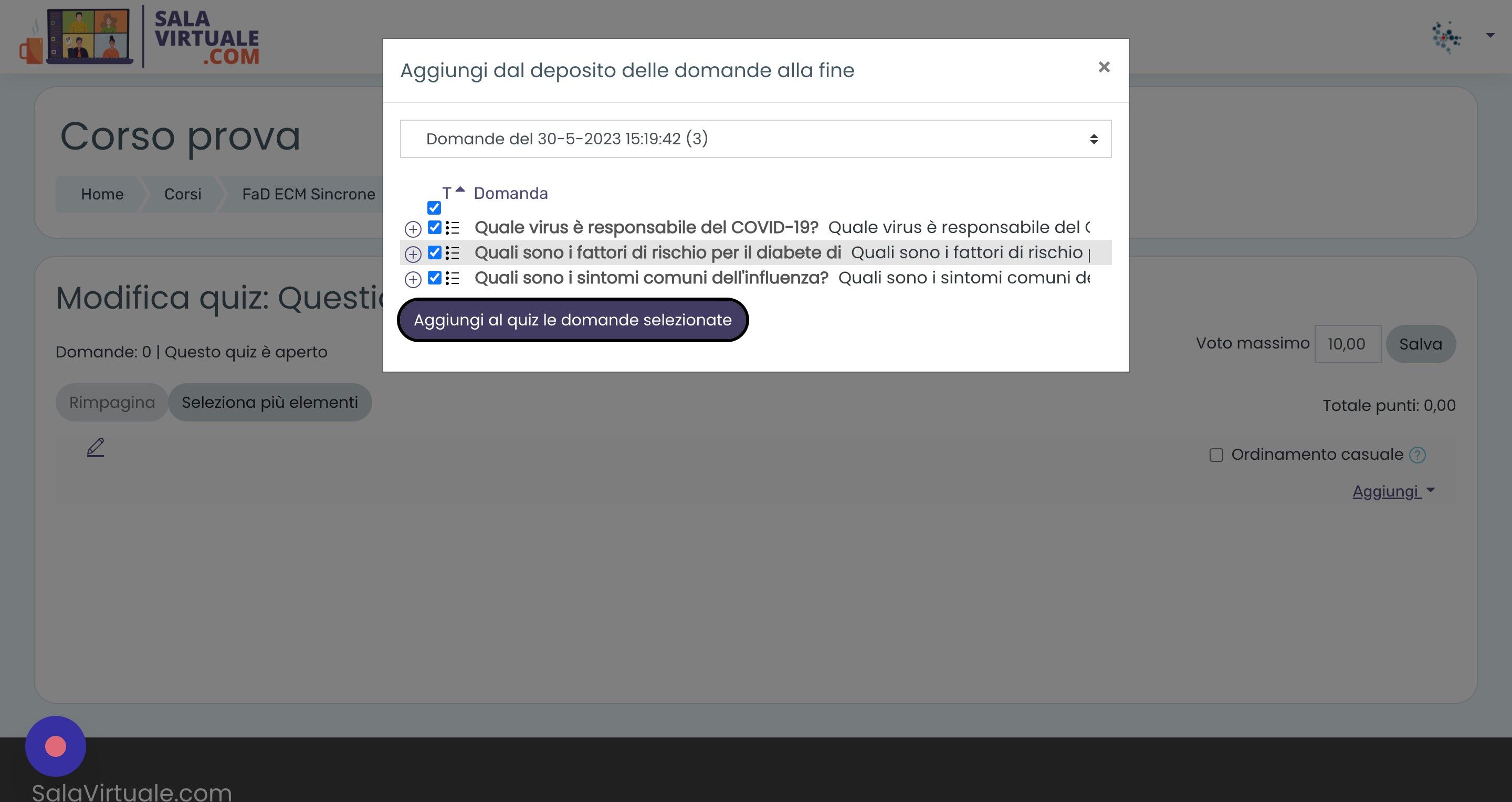 Screenshot of: Cliccare "Aggiungi al quiz le domande selezionate"