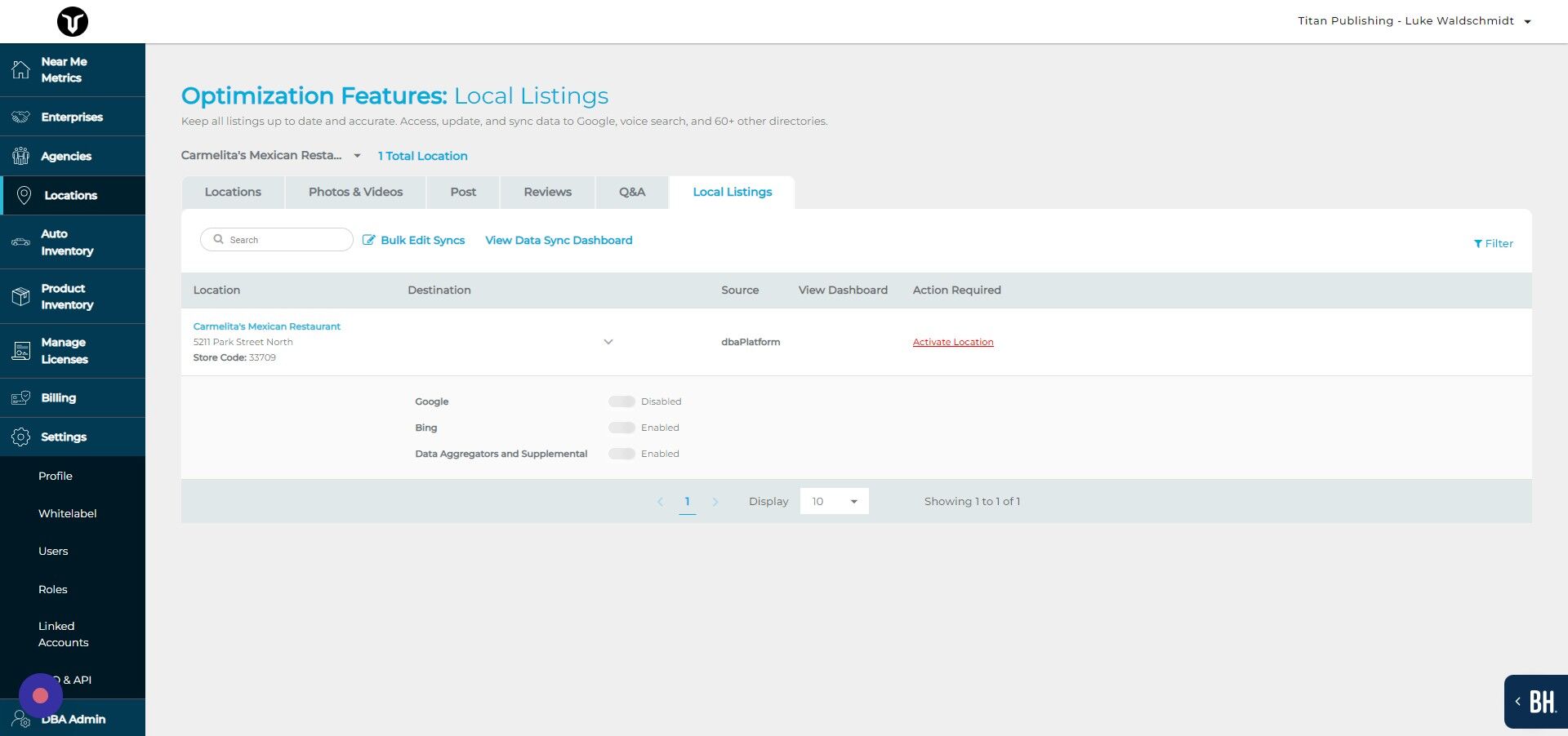 Screenshot of: Click "Activate Location"