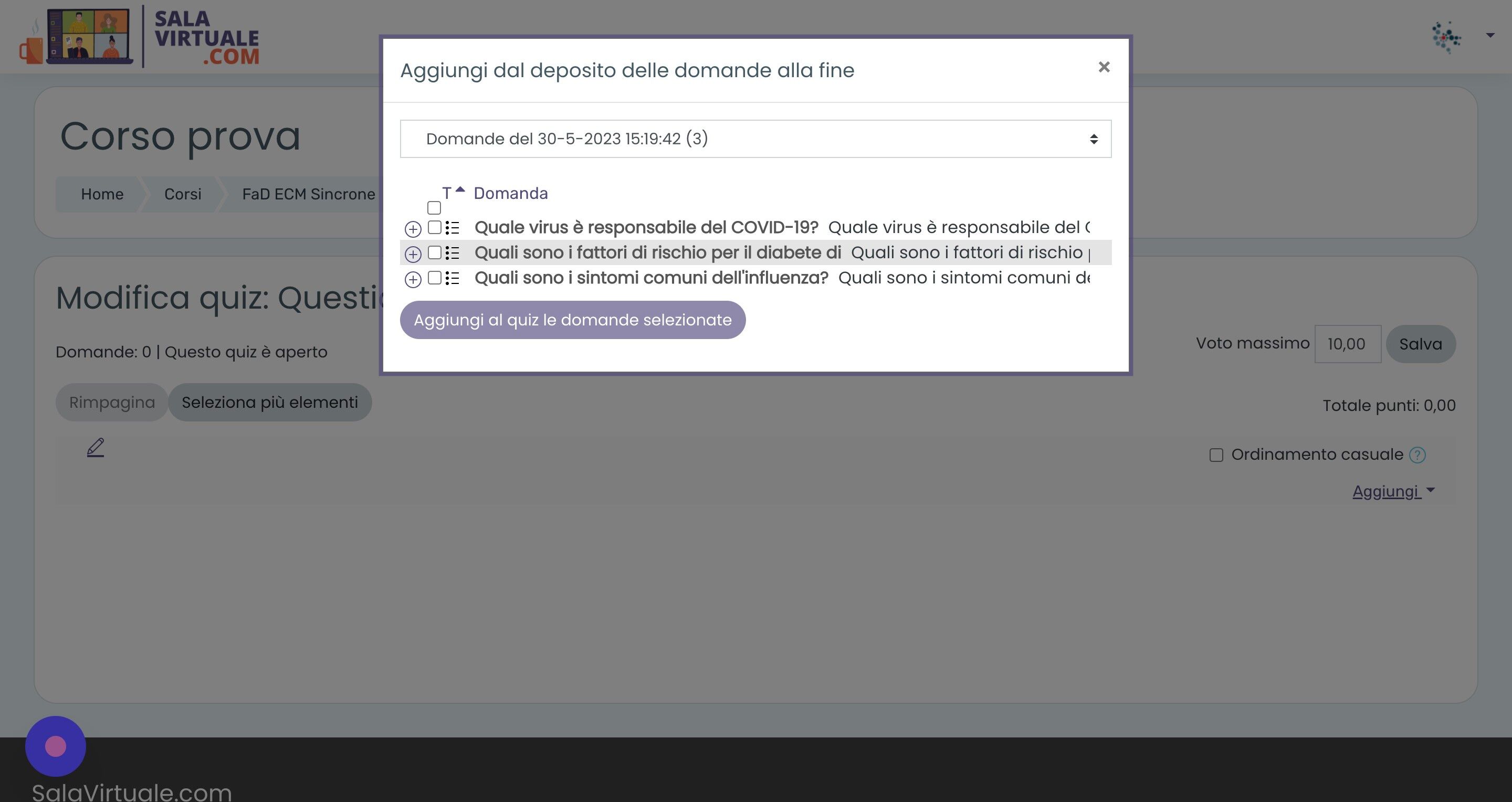 Screenshot of: Selezionare tutte le domande (verificare che il men&ugrave; a tendina subito sopra abbia selezionate le domande appena create in base a data e ora di creazione)