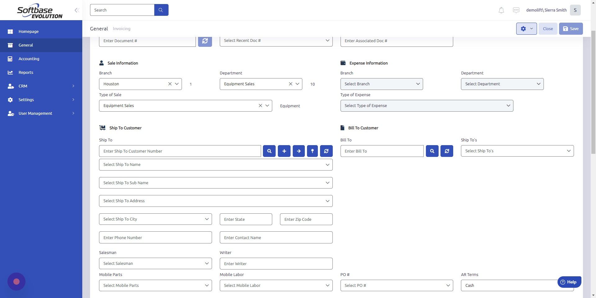Screenshot of: Click here to choose existing Ship To Customer; Bill To section will auto-populate. If you need to create a new customer, enter customer information here and click the "+" or Main Menu > Accounting > Customers.
