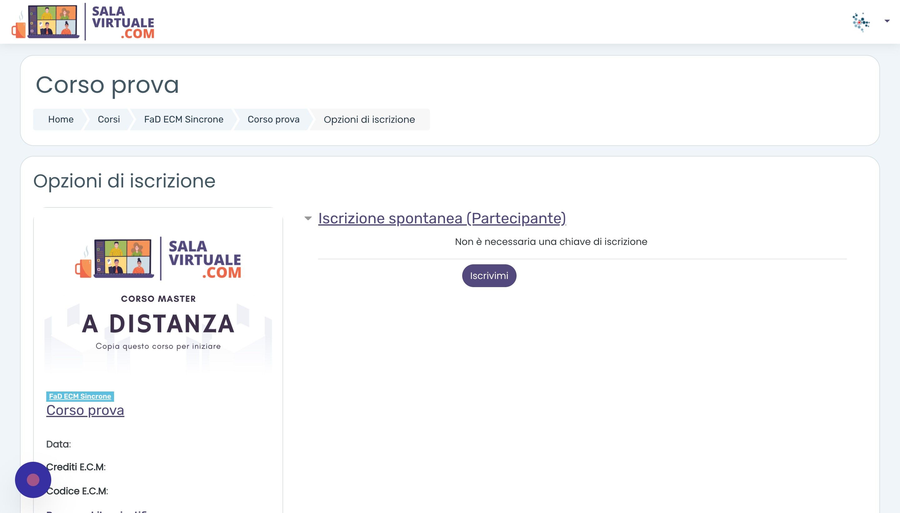 Screenshot of: Questo &egrave; ci&ograve; che un utente visualizza provando ad iscriversi ad un corso NON protetto con password. L'utente pu&ograve; iscriversi liberamente cliccando il pulsante "Iscrivimi"