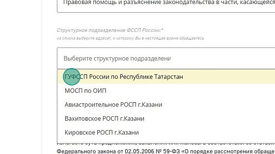 Screenshot of: Выберите структурное подразделение, например, ГУФССП России по Республике Татарстан.