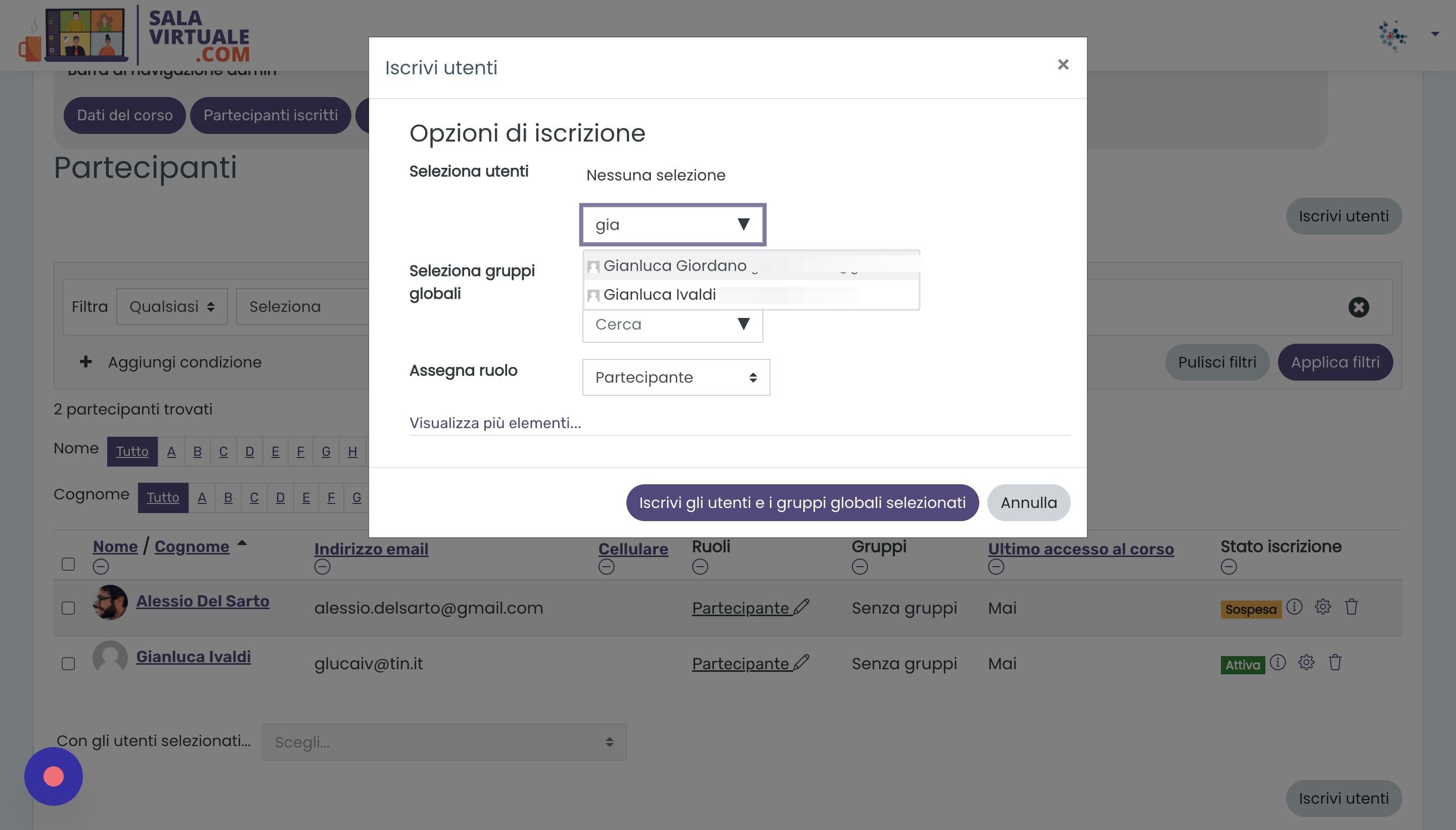 Screenshot of: Nel campo di testo, digitare il nome dell'utente e selezionarlo nel men&ugrave; a tendina.