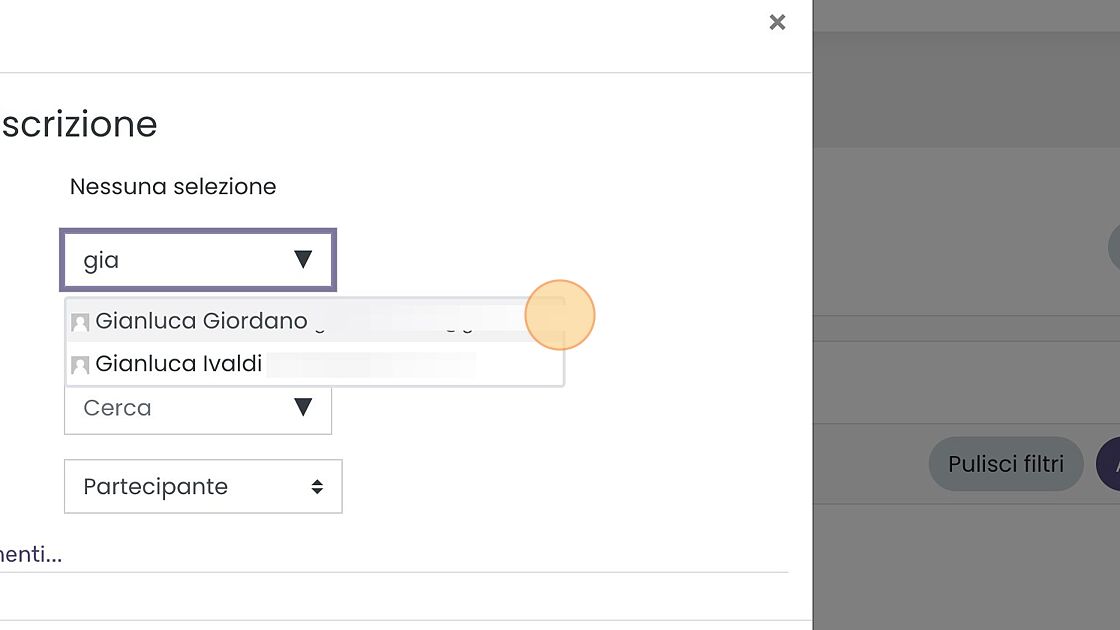 Screenshot of: Nel campo di testo, digitare il nome dell'utente e selezionarlo nel menù a tendina.