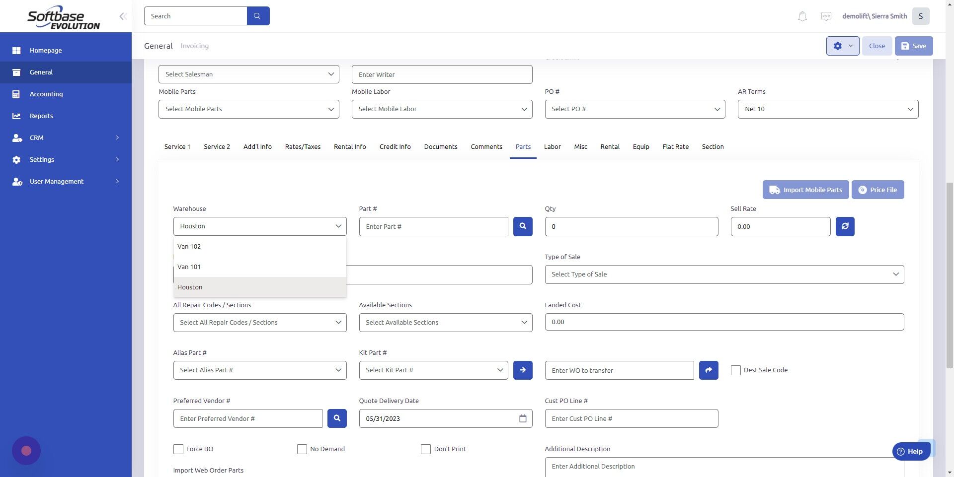 Screenshot of: Click here to select Warehouse. 