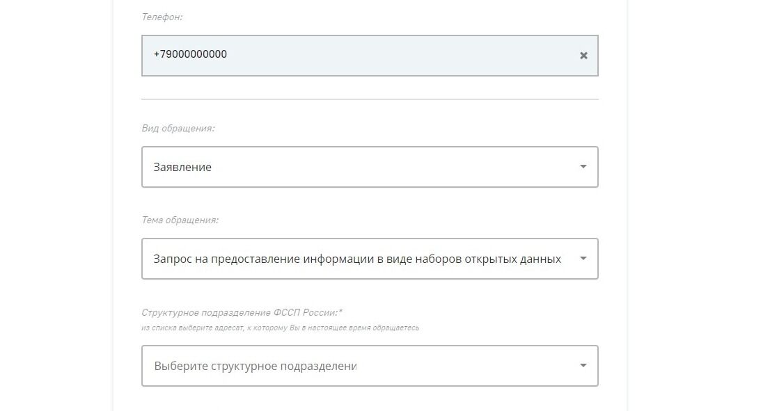 Screenshot of: Например, "Запрос на предоставление информации в виде наборов открытых данных".