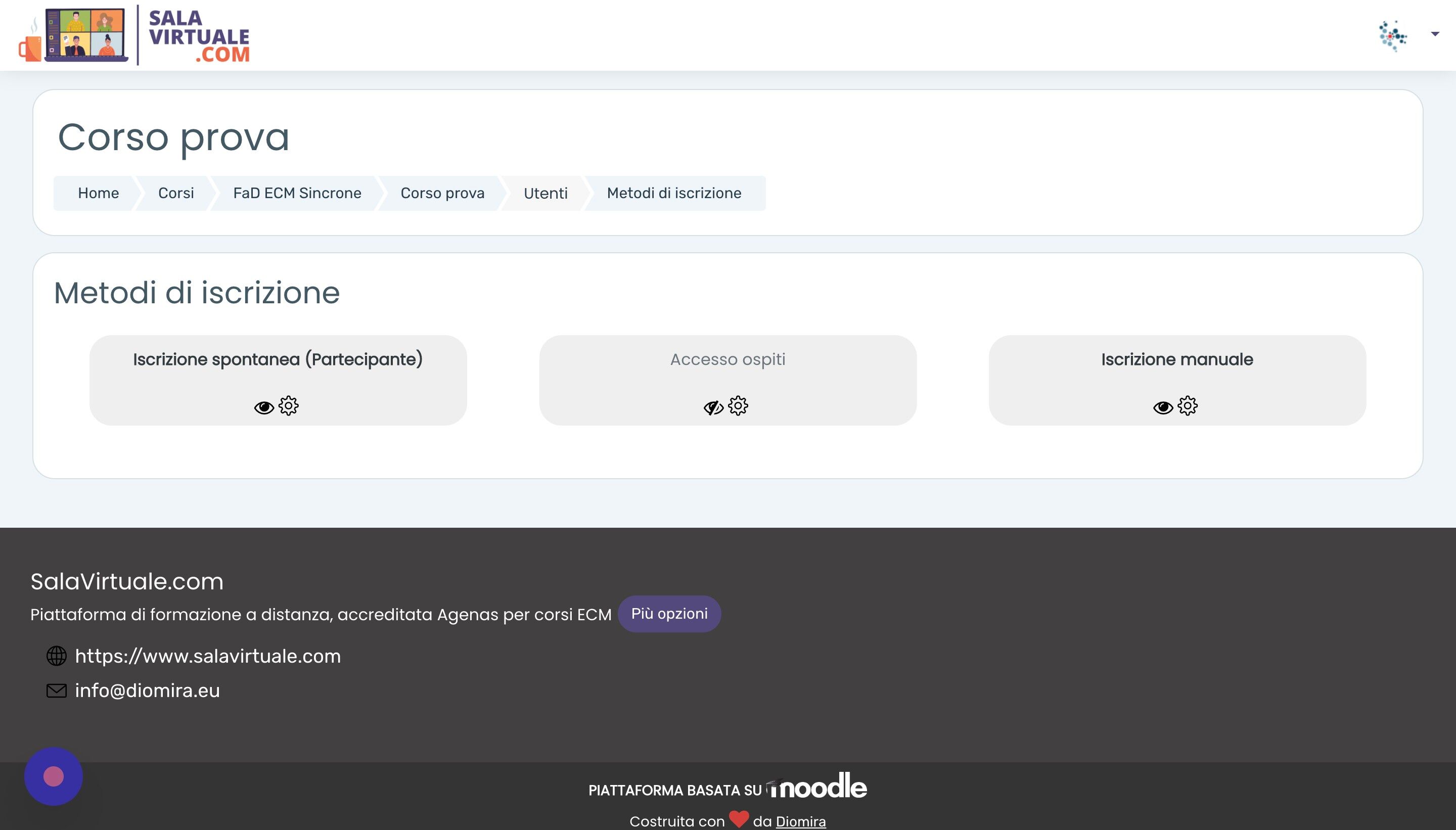 Screenshot of: Di default, &egrave; attiva la modalit&agrave; d'iscrizione al corso chiamata "Iscrizione spontanea", che consente agli utenti registrata alla piattaforma di iscriversi liberamente al corso. Vediamo le opzioni che si possono modificare relativamente a questo metodo d'iscrizione. Clicchiamo l'icona delle opzioni.