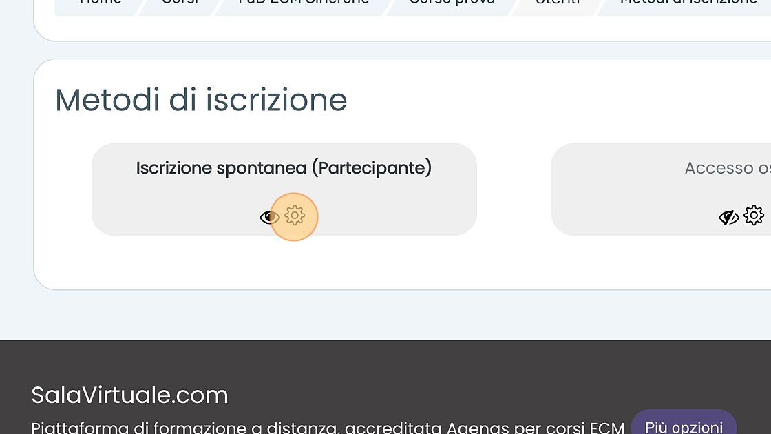 Screenshot of: Di default, è attiva la modalità d'iscrizione al corso chiamata "Iscrizione spontanea", che consente agli utenti registrata alla piattaforma di iscriversi liberamente al corso. Vediamo le opzioni che si possono modificare relativamente a questo metodo d'iscrizione. Clicchiamo l'icona delle opzioni.