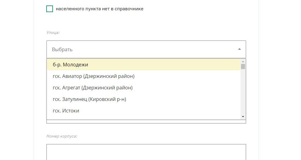Screenshot of: Выберите улицу из списка.