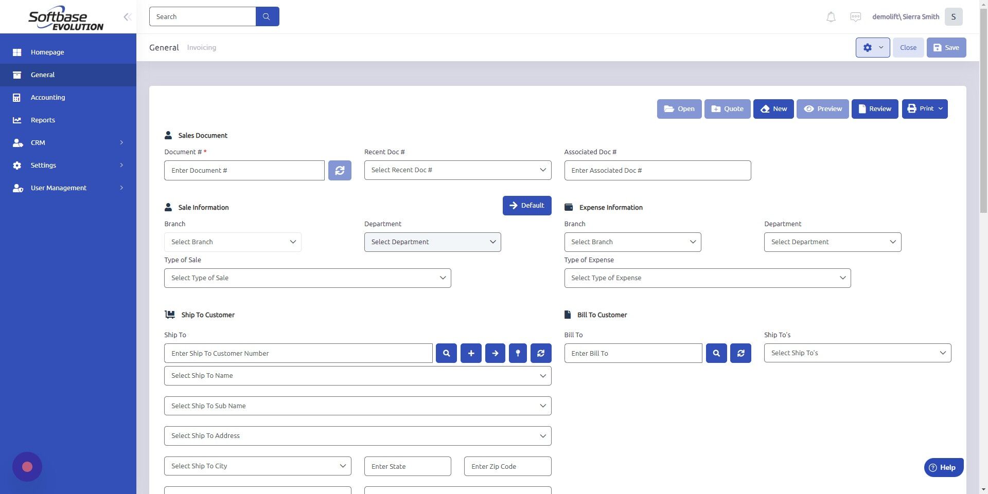 Screenshot of: Click dropdowns to select Branch, Department, and Type of Sale.