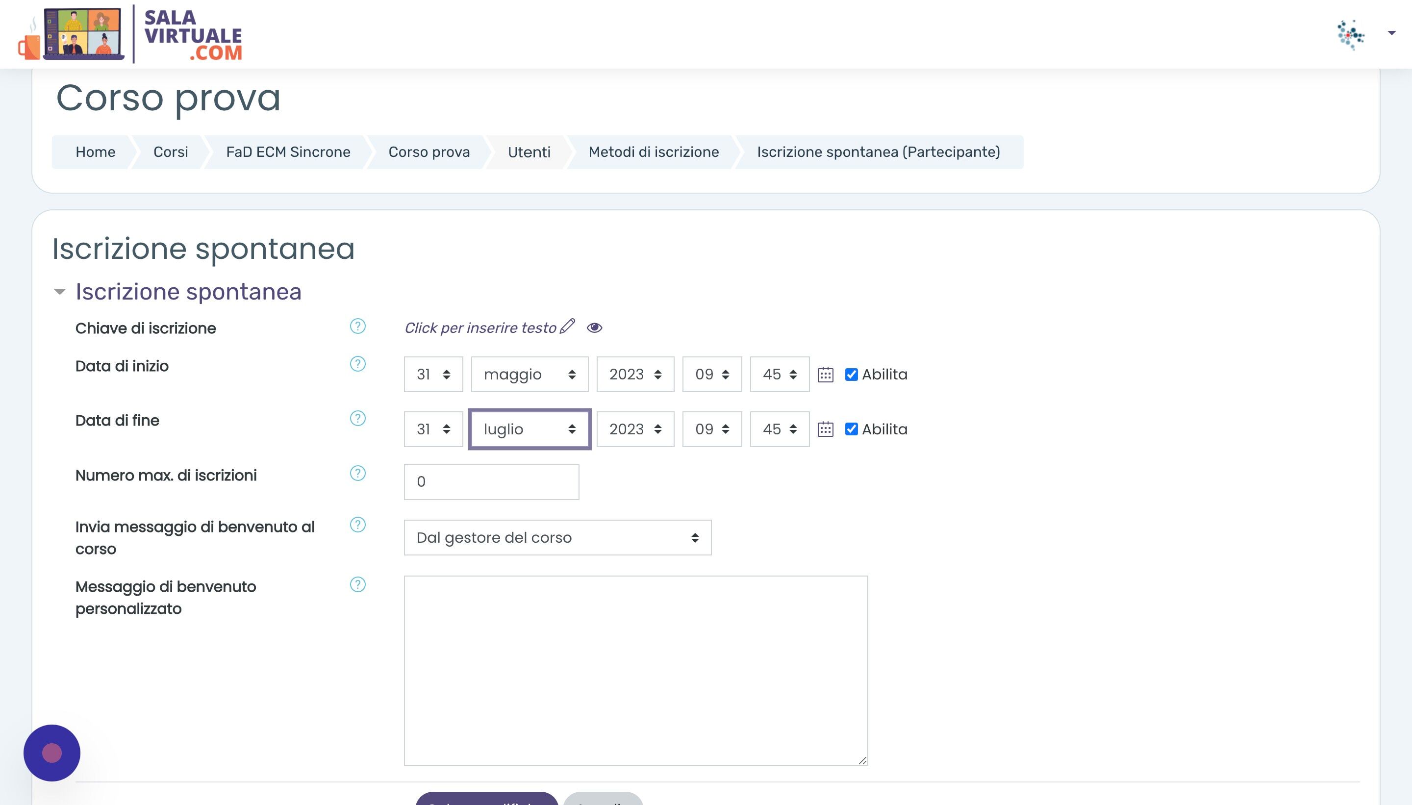 Screenshot of: In primo luogo, &egrave; possibile impostare una data di inizio e di fine delle iscrizioni spontanee. Le iscrizioni saranno quindi accolte a partire e fino alle date impostate.