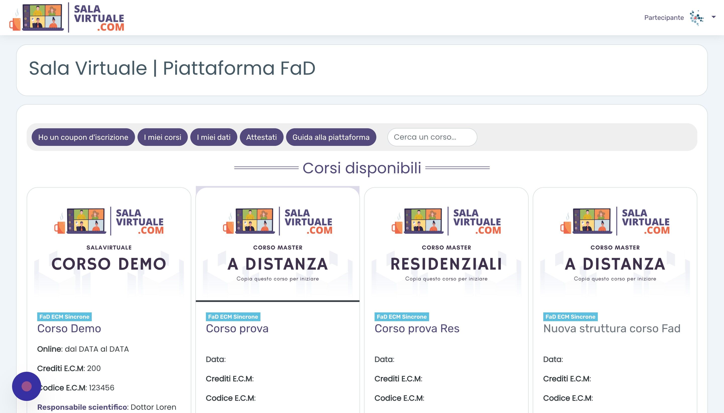 Screenshot of: Per accedere a un corso, selezionare il corso desiderato.