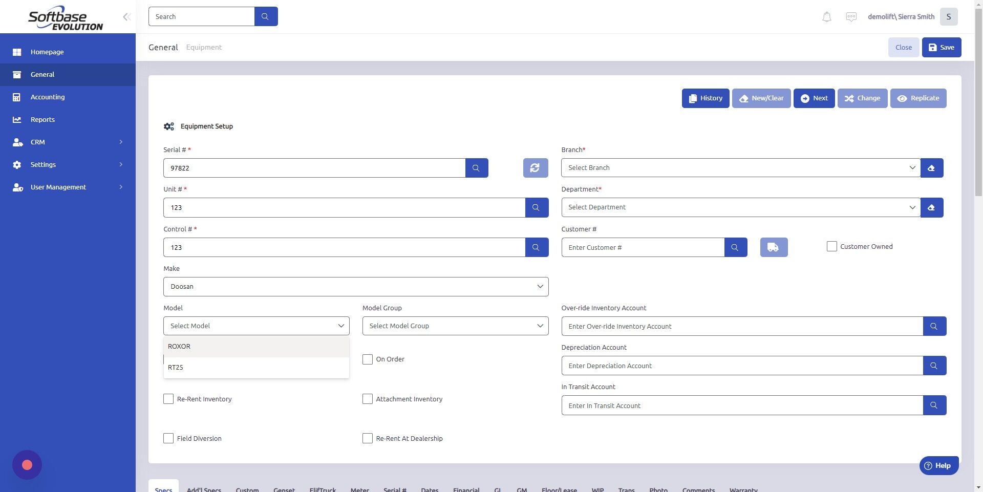 Screenshot of: Select Model and Model Group of equipment.