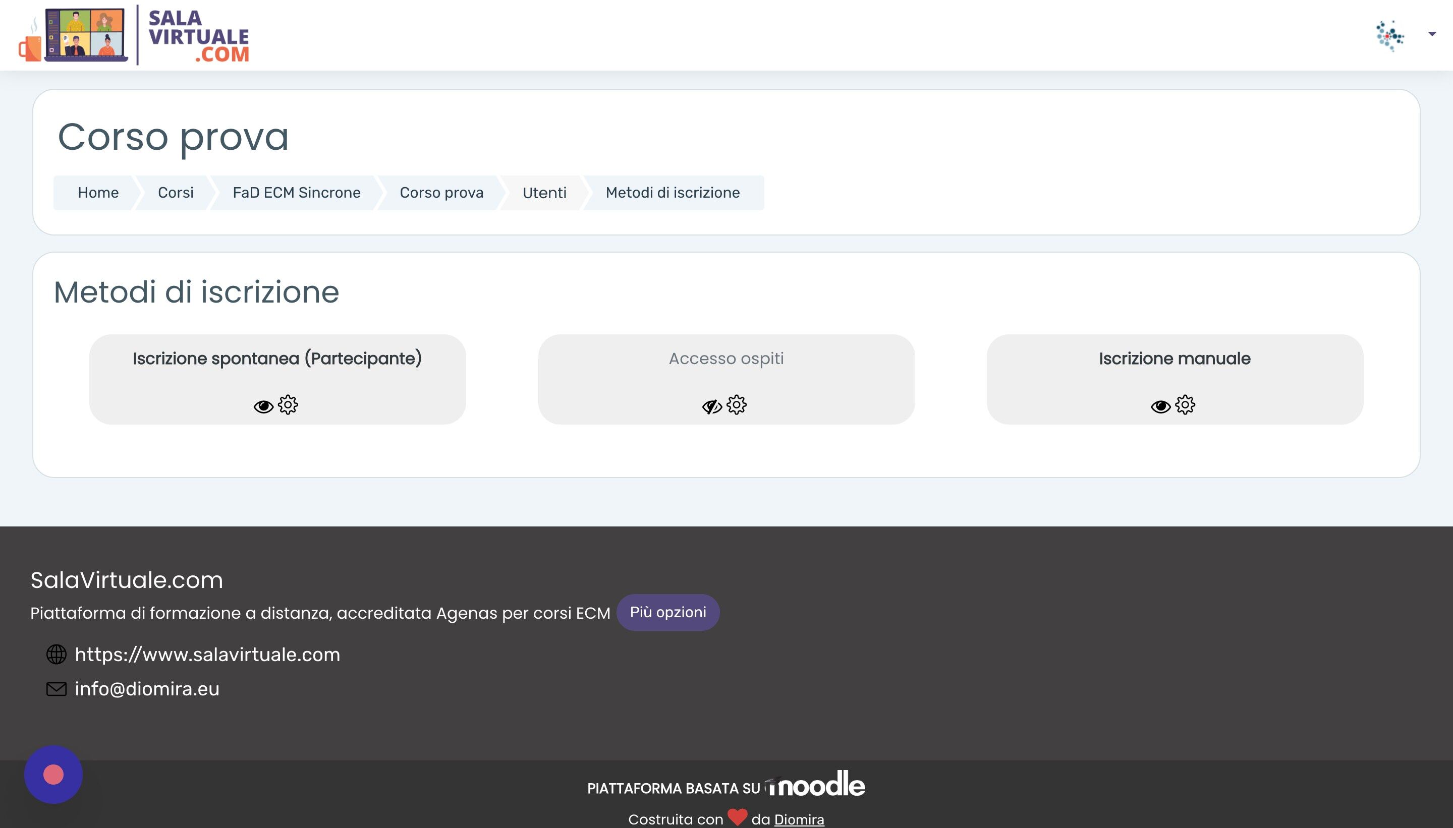 Screenshot of: E cliccare l'icona dell'occhio sotto "Iscrizione spontanea". Le iscrizioni spontanee, sia con password che senza, sono ora disattive. Solo gli utenti iscritti manualmente dall'amministratore potranno accedere al corso. Nella prossima guida vedremo come iscrivere gli utenti manualmente.