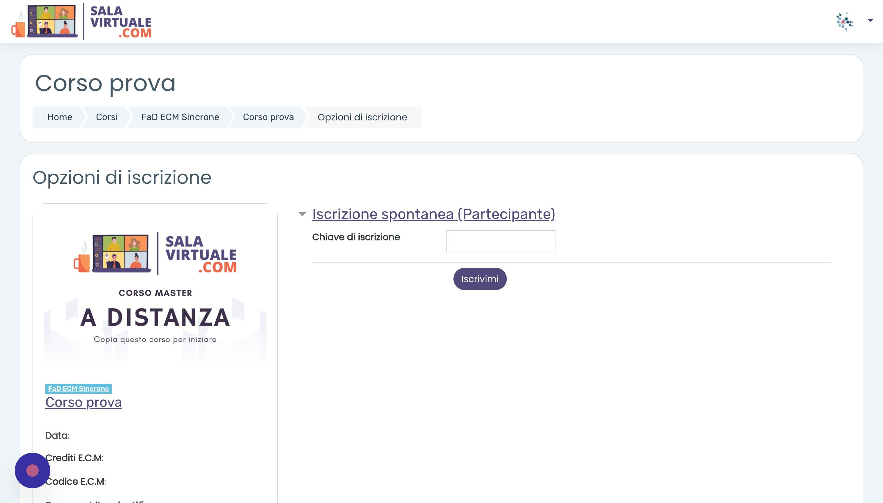 Screenshot of: Questo &egrave; ci&ograve; che un utente visualizza provando ad iscriversi ad un corso protetto con password. Prima di potersi iscrivere, l'utente &egrave; invitato a digitare la Chiave d'iscrizione.