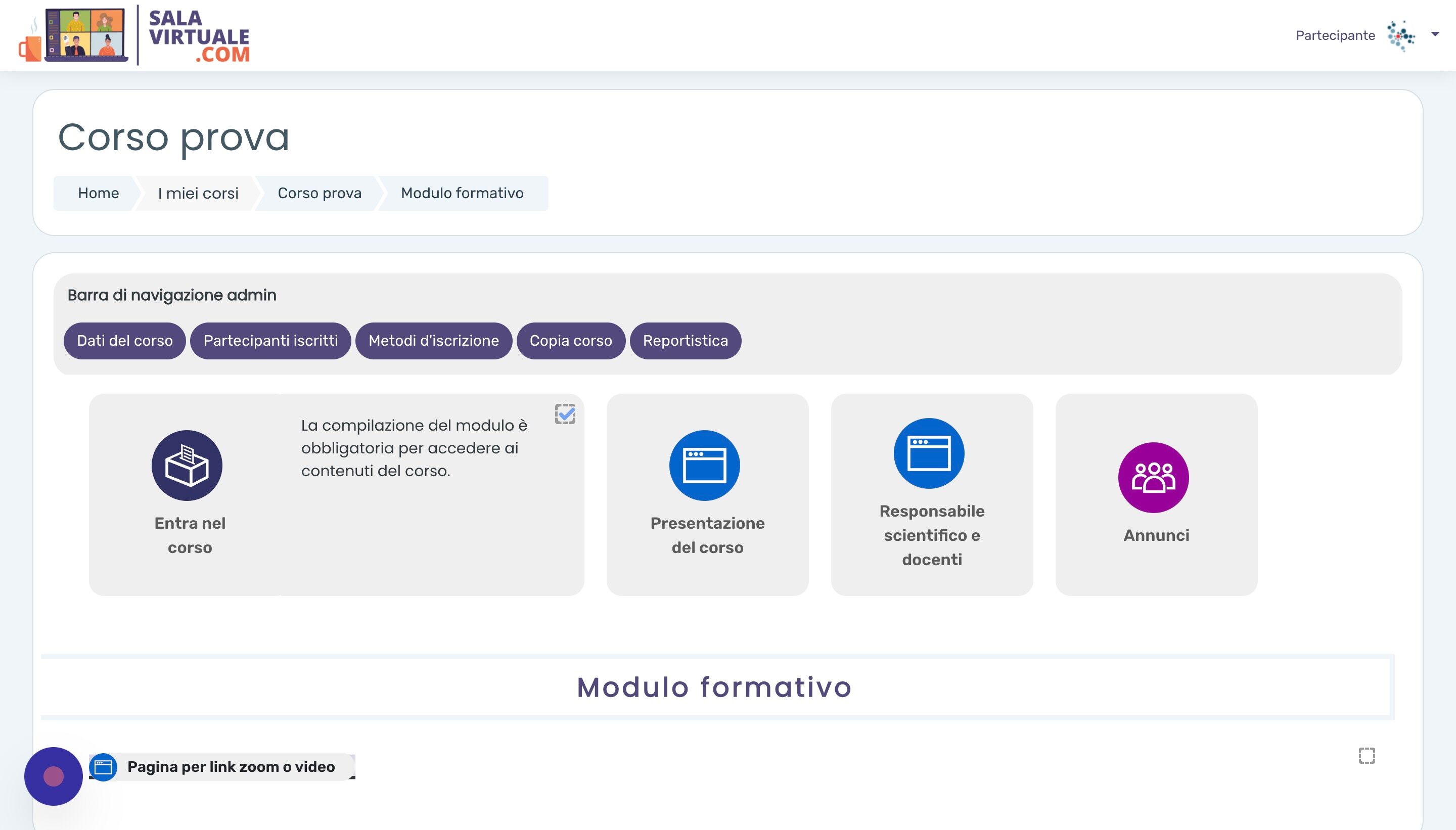 Screenshot of: Nella pagina saranno visibili i contenuti formativi del corso, inclusi eventuali incontri via Zoom, video registrati o file pdf.