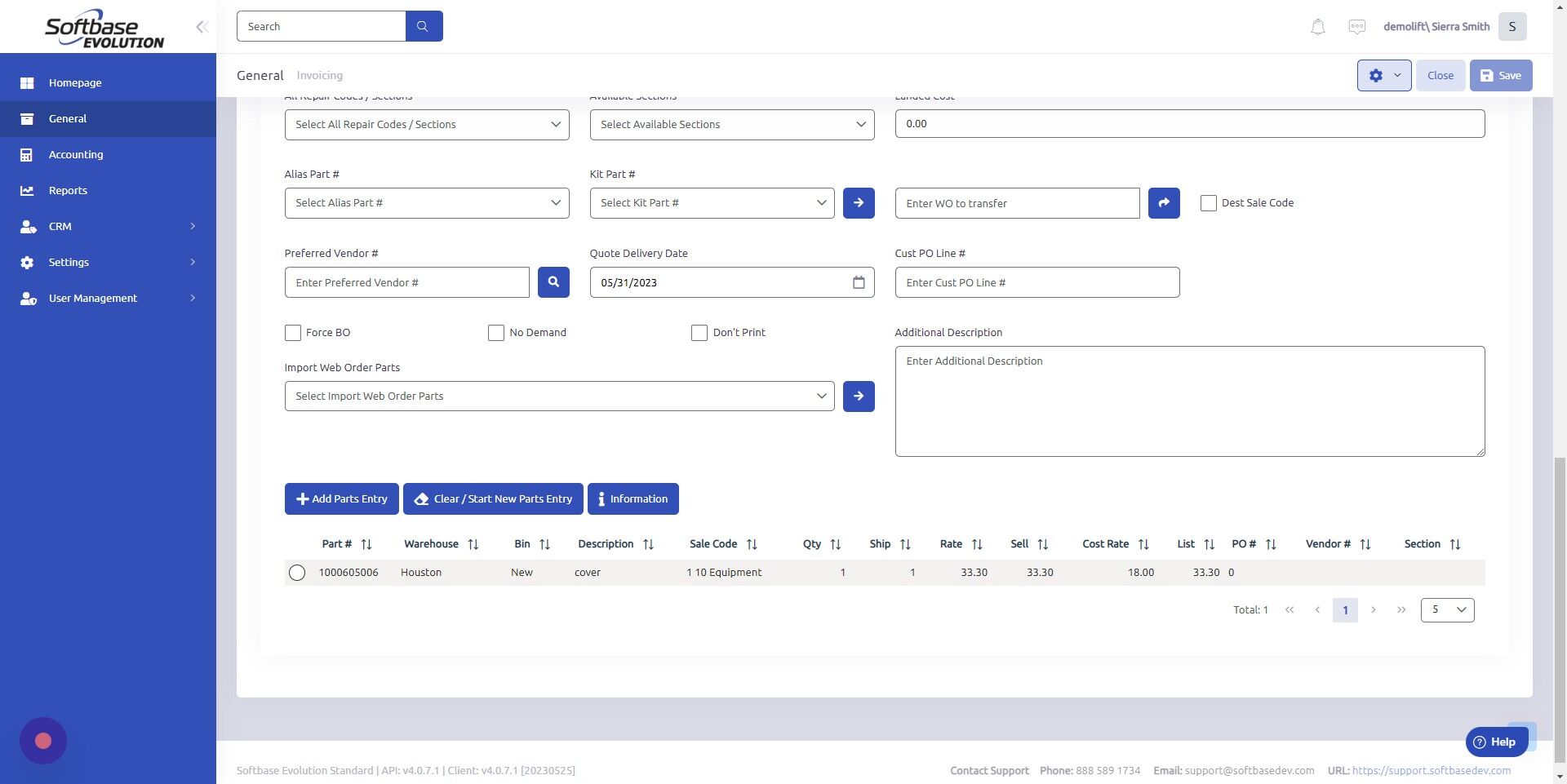 Screenshot of: View new part at the bottom of the work order.