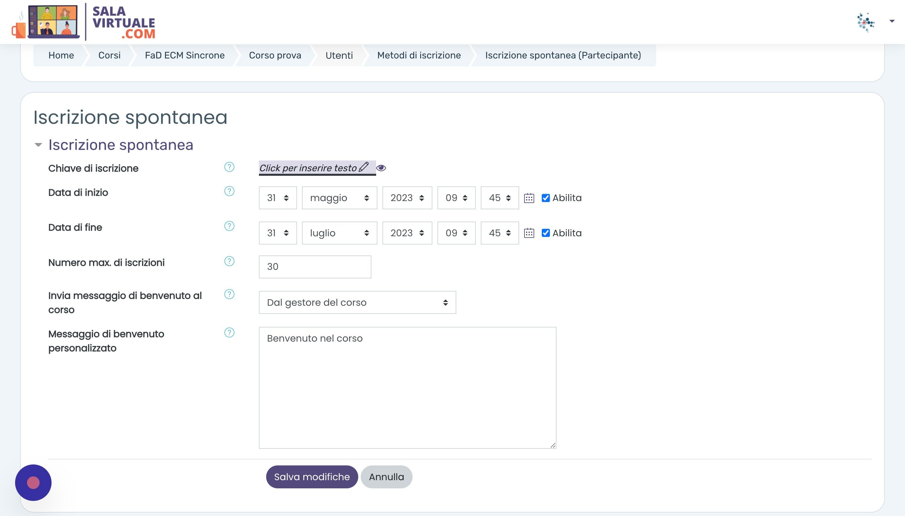 Screenshot of: Infine, &egrave; possibile impostare una password che gli utenti dovranno inserire prima di potersi iscrivere al corso. La password consente di impedire l'accesso al corso ad utenti non autorizzati.