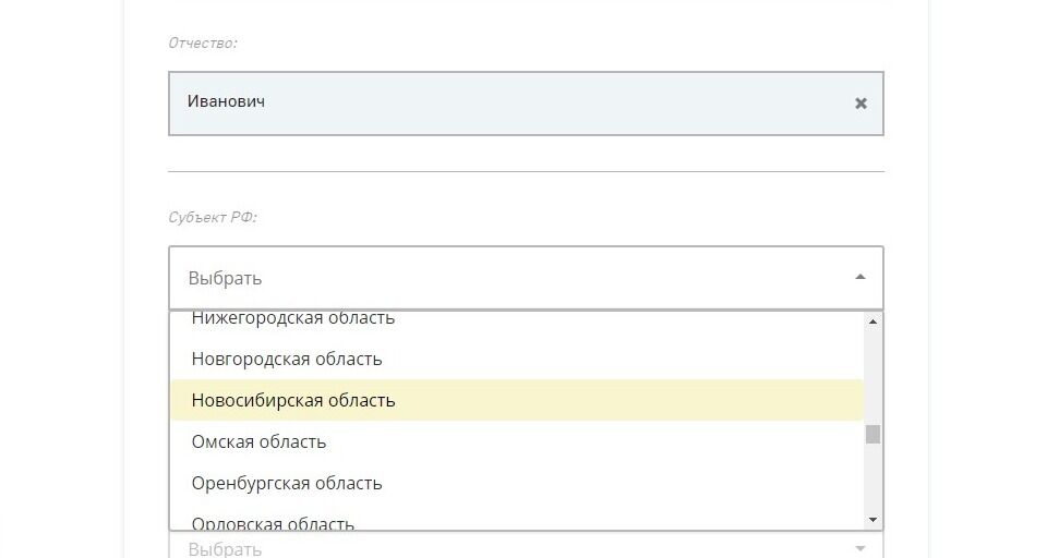 Screenshot of: Выберите из списка субъект РФ - Новосибирская область.