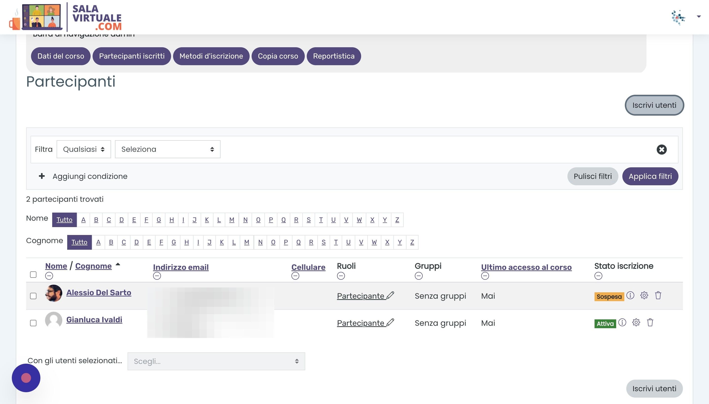 Screenshot of: Per iscrivere manualmente un utente al corso, cliccare il pulsante "Iscrivi utenti"