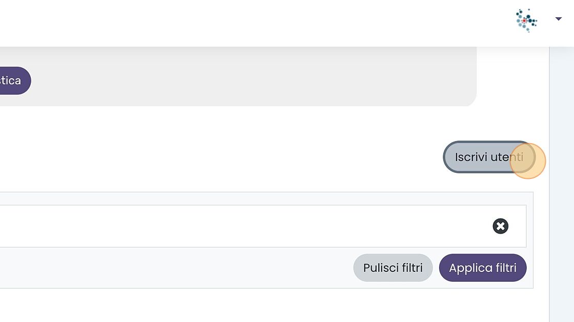 Screenshot of: Per iscrivere manualmente un utente al corso, cliccare il pulsante "Iscrivi utenti"