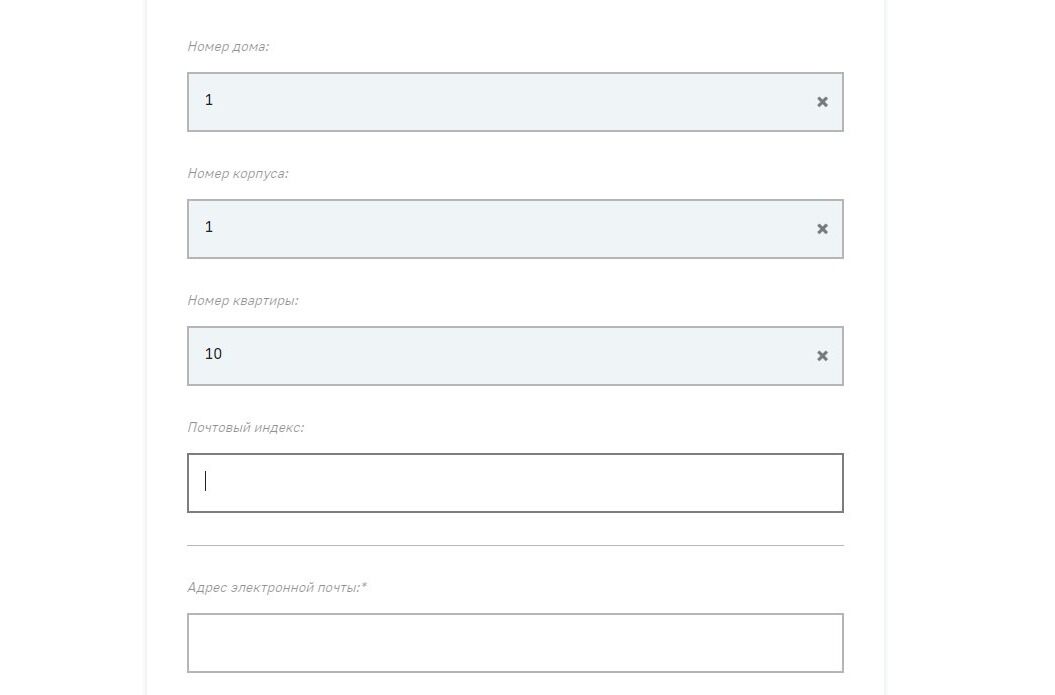 Screenshot of: Укажите почтовый индекс.