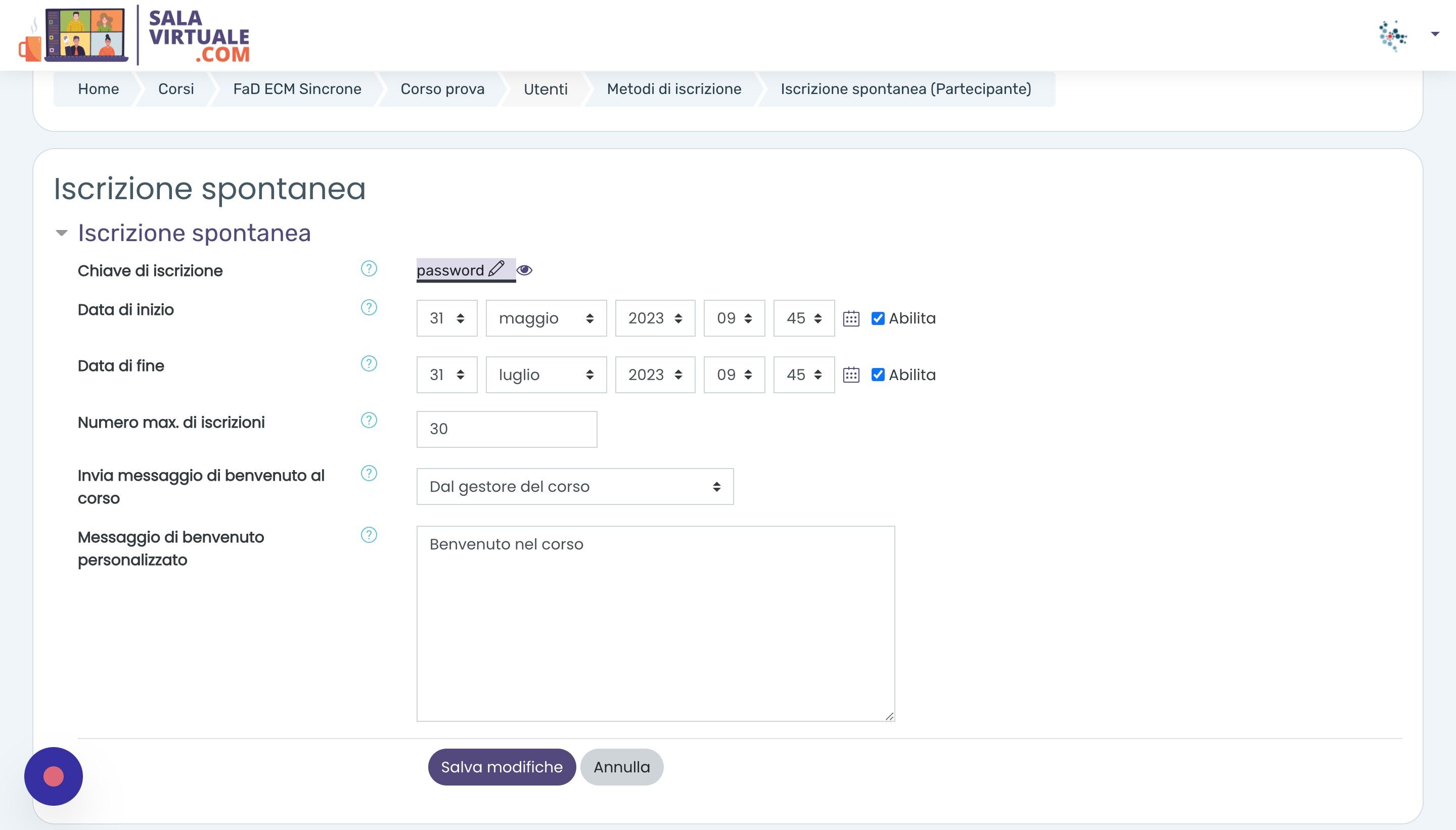 Screenshot of: La password &egrave; stata inserita. Solo gli utenti a cui &egrave; stata fornita la password potranno iscriversi al corso.