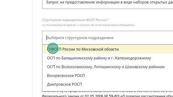 Screenshot of: Выберите структурное подразделение, например, ГУФССП России по Московской области.